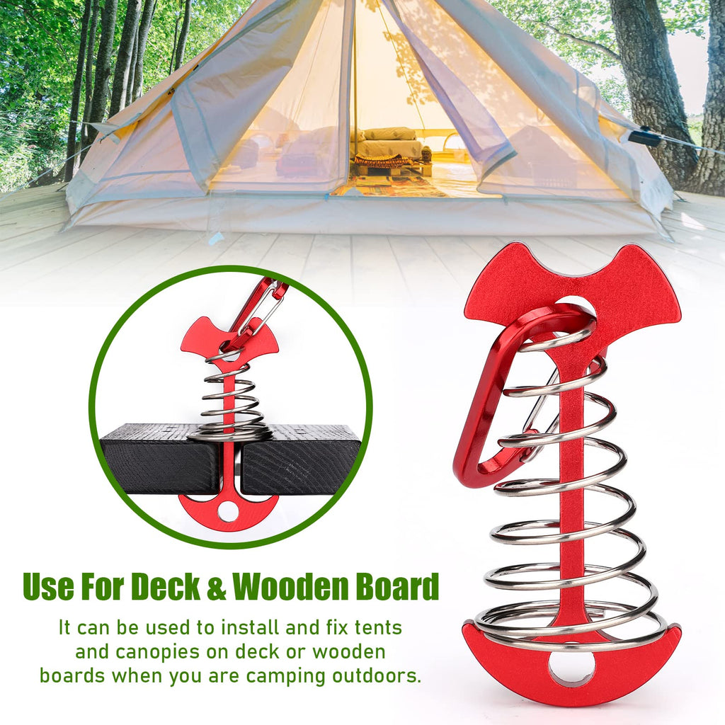 Tobwolf 10Pcs Red Deck Anchor Pegs With Carabiners, Windproof Aluminum Deck Tie Down Spring Tent Stakes, Camping Outdoor Fishbon