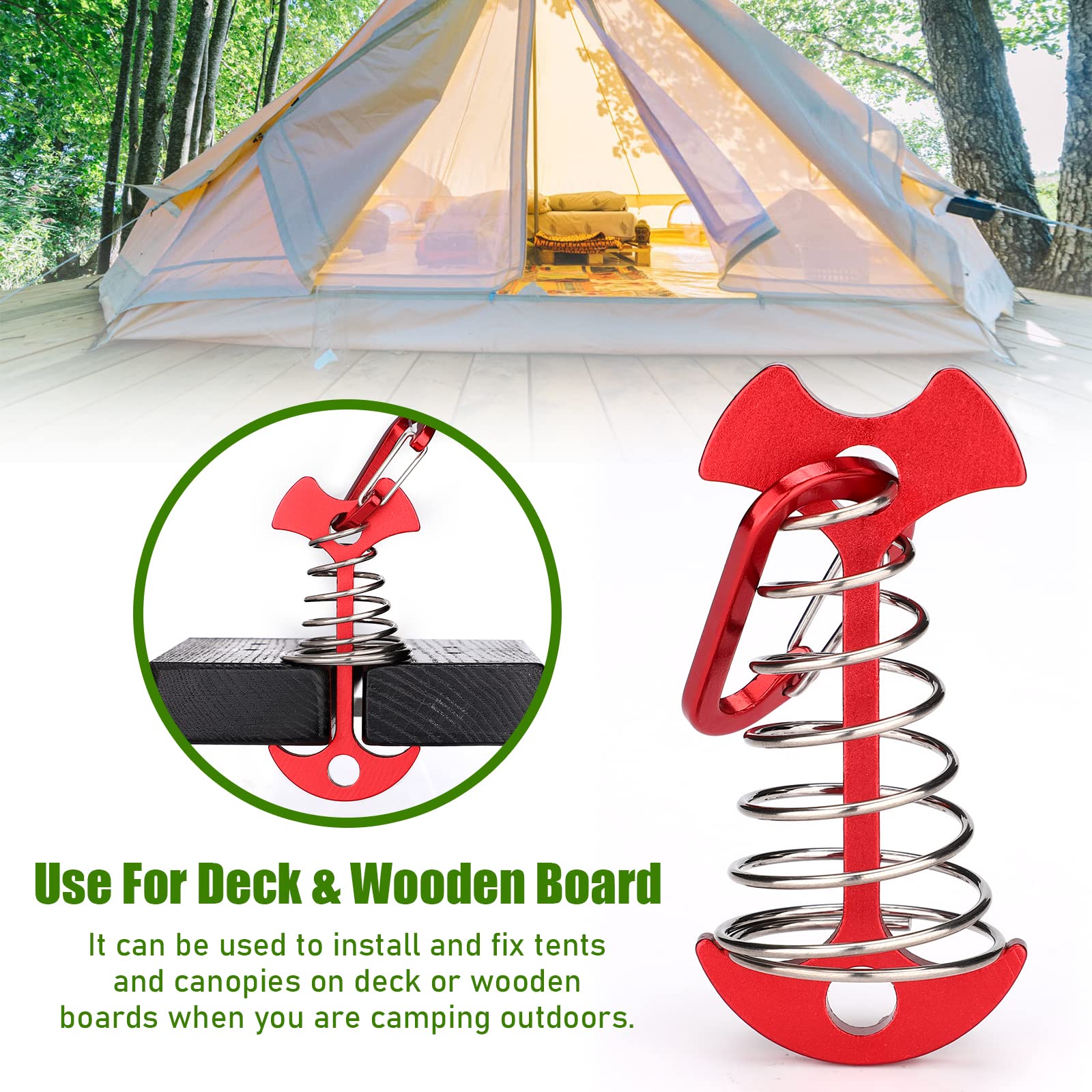 Tobwolf 10Pcs Red Deck Anchor Pegs With Carabiners, Windproof Aluminum Deck Tie Down Spring Tent Stakes, Camping Outdoor Fishbon