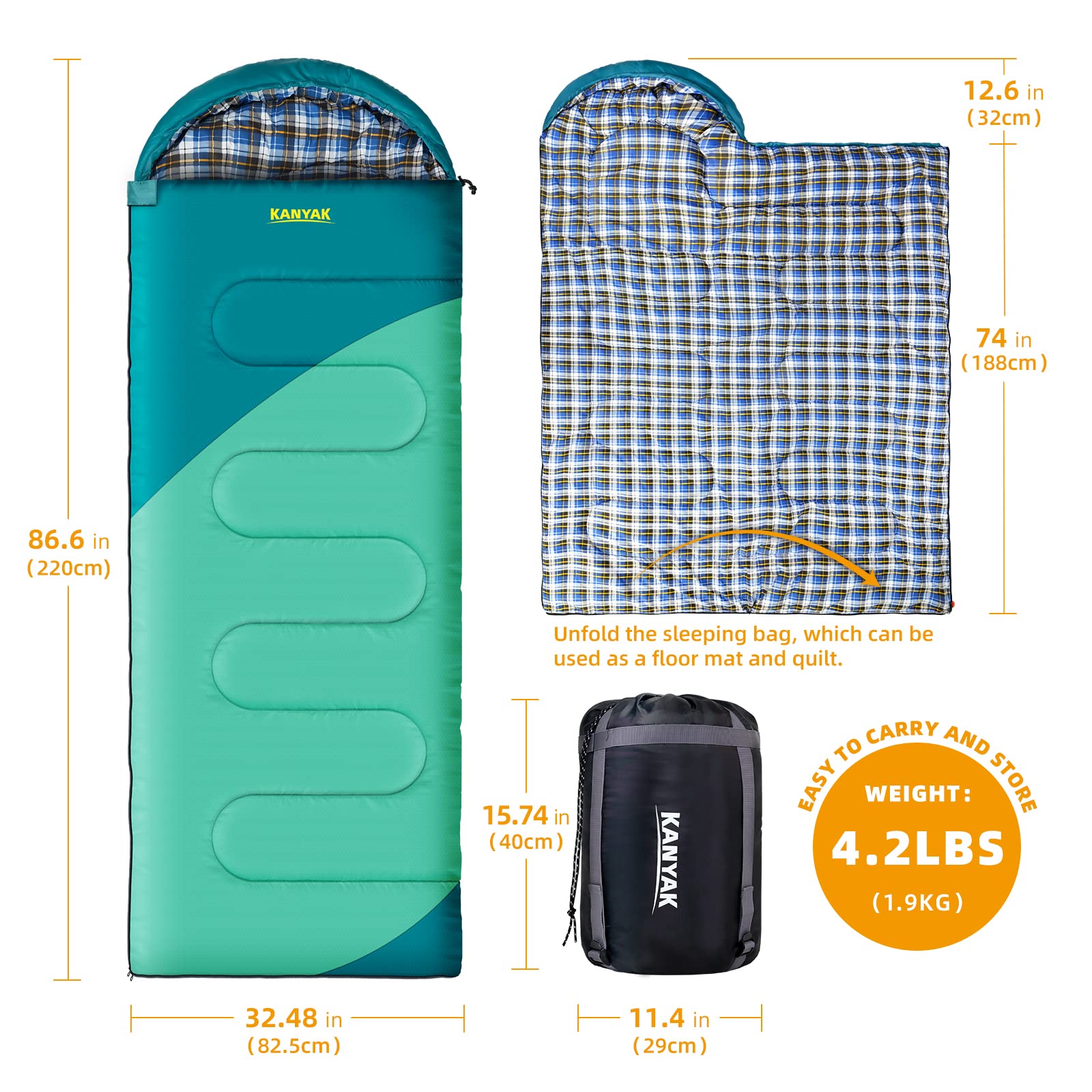 Kanyak Warm & Cool Weather Single Sleeping Bag For Adults Kids, Ideal For Hiking, Camping & Outdoor Adventures, Great Gift For C