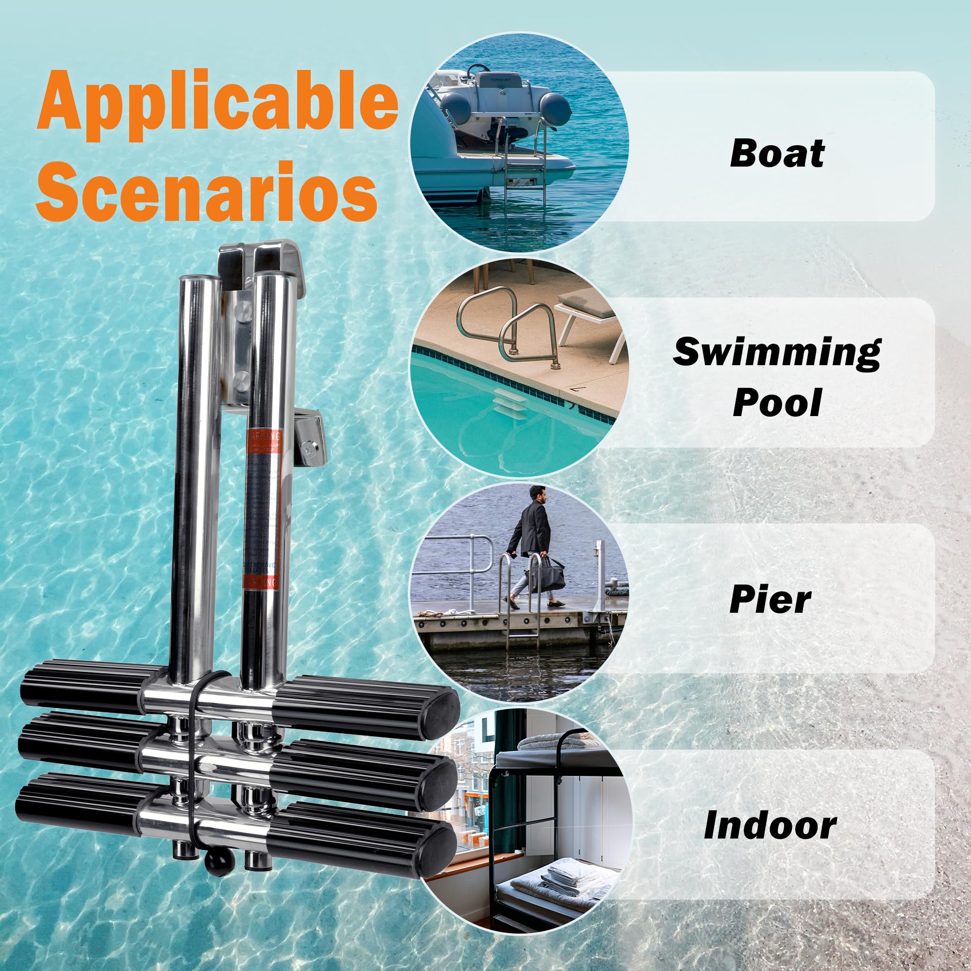 Xinkunmarine 3 Step Boat Ladder, Stainless Steel Dive Boarding Ladders For Bass Fishing Boats, Heavy-Duty With Non-Slip Treads
