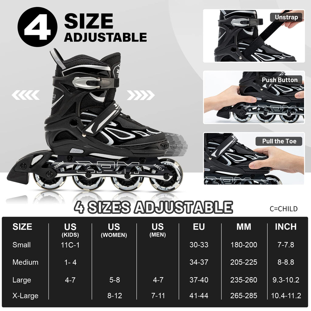 2PM SPORTS Vinal Inline Skates for Men with Light Up Wheels Adjustable Roller Women, Illuminating Outdoor Roller Skates for Kids