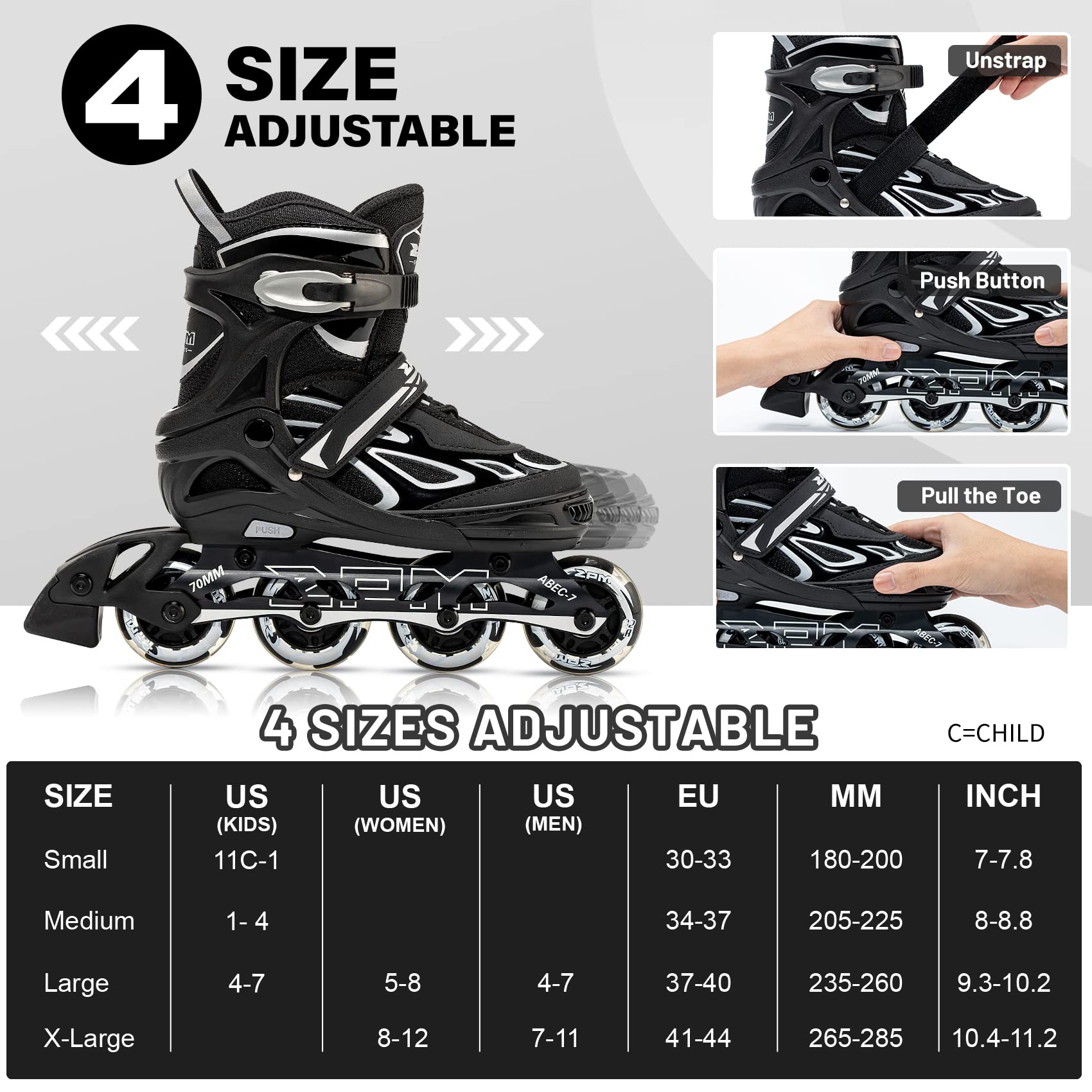 2PM SPORTS Vinal Girls Adjustable Flashing Inline Skates, All Wheels Light Up, Fun Illuminating Skates for Kids and Men - Silver