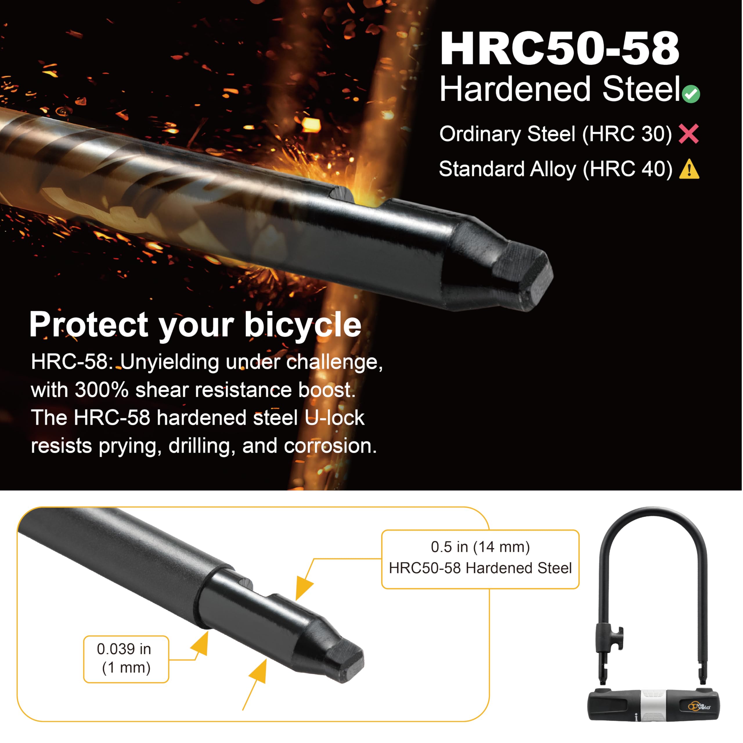 Bike U Lock With Cable - Via Velo Bike Lock Heavy Duty Bicycle U-Lock,14Mm Shackle And 10Mm X1.8M Cable With Mounting Bracket Fo