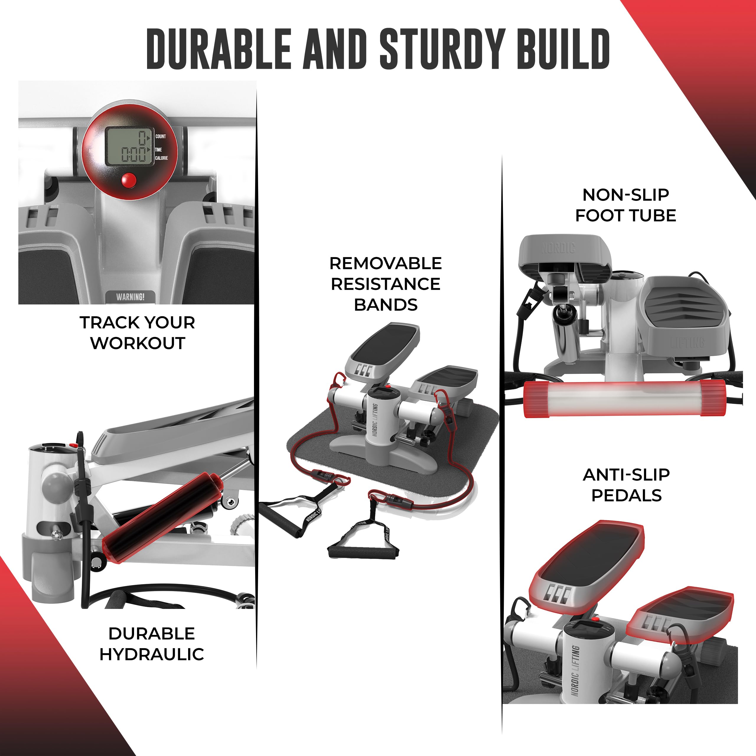 Mini Stepper & Stair Climber Machine - W/Resistance Bands Set - Built In Monitor By Nordic Lifting
