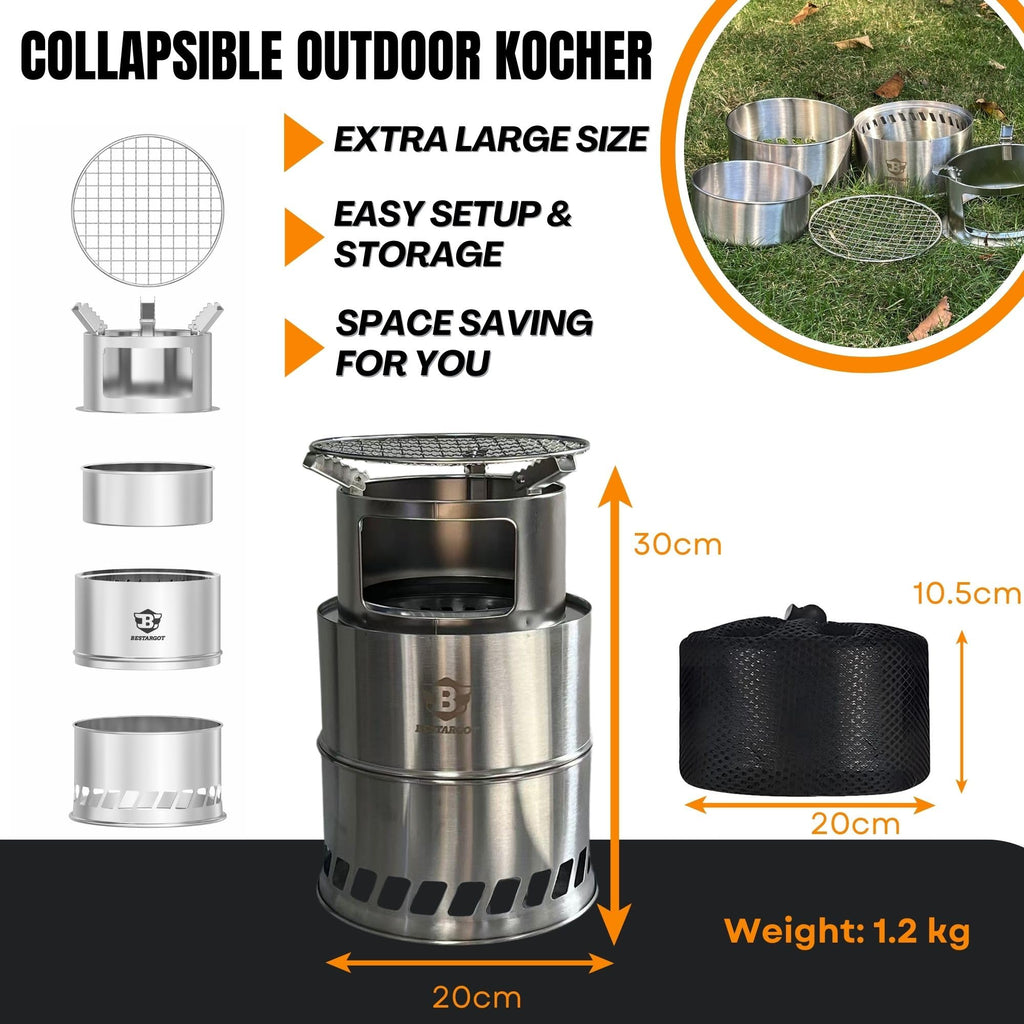 Bestargot Camping Wood Stove, Extra Large, Portable Smokeless Fire Pit, Stainless Steel, Windproof & Stackable Gas Burner For Ca