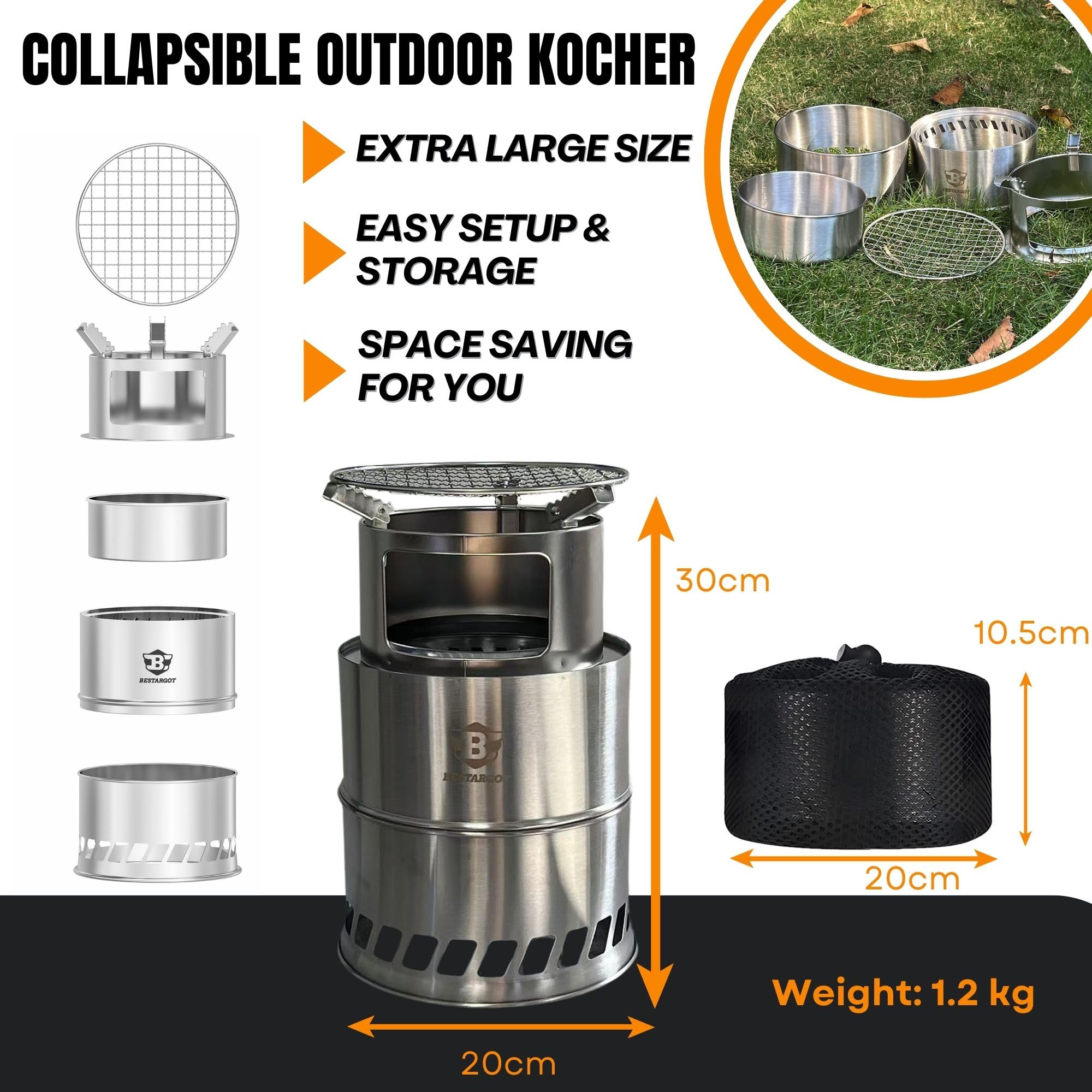 Bestargot Camping Wood Stove, Extra Large, Portable Smokeless Fire Pit, Stainless Steel, Windproof & Stackable Gas Burner For Ca