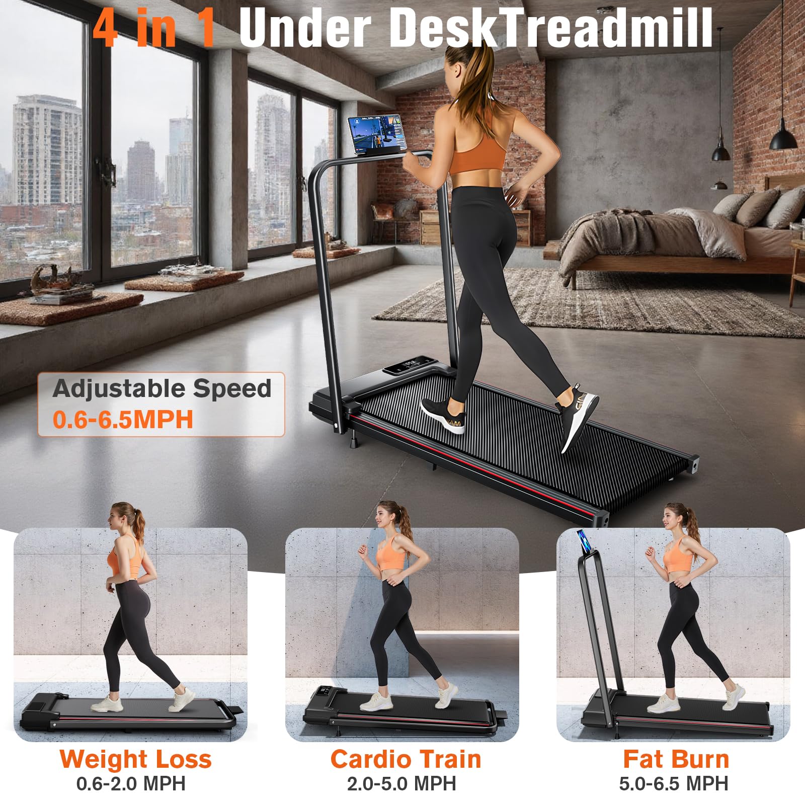 Treadmill With Incline, Small Walking Pad With Handle Bar, Under Desk Treadmill For Home Office 300 Lbs Capacity, Remote Control