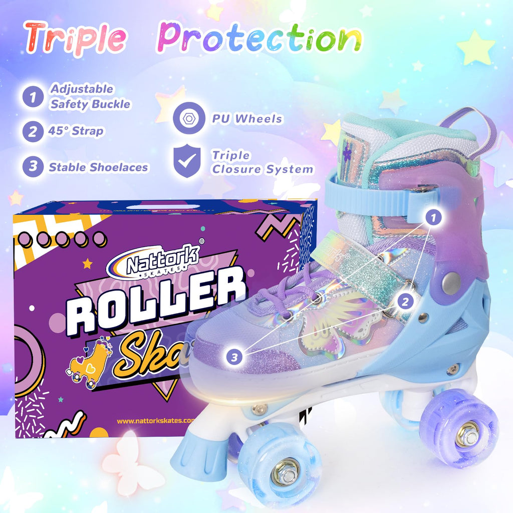 Kids Roller Skates For Girls Boys - Purple For Teenagers Youth Age 10 11 12 - Adjustable All Light Up Wheels Butterfly And Flowe