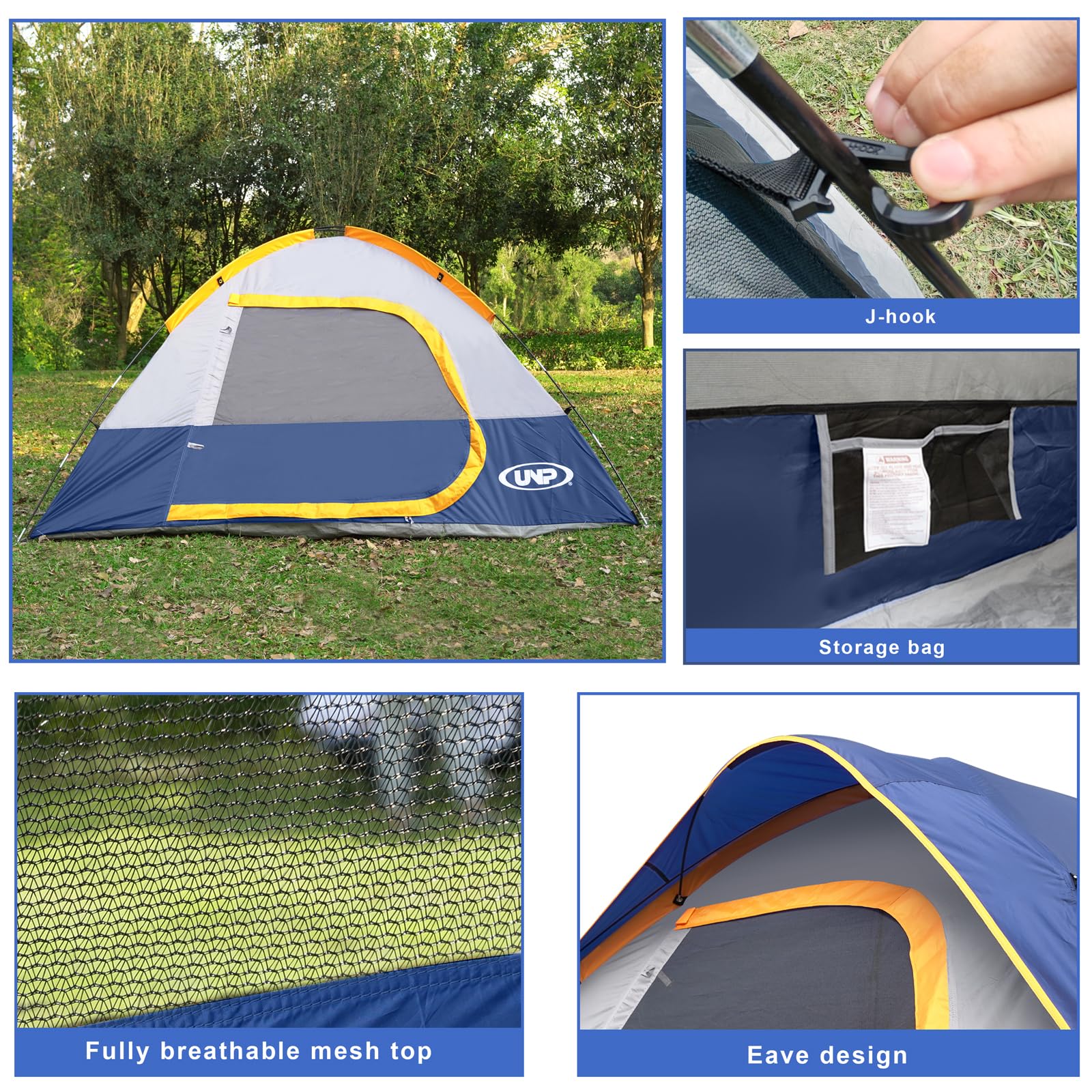 Unp Camping Tent 4 Person, Waterproof Windproof Tent With Rainfly Easy Set Up Portable Dome Tents For Camping (Navy Blue)