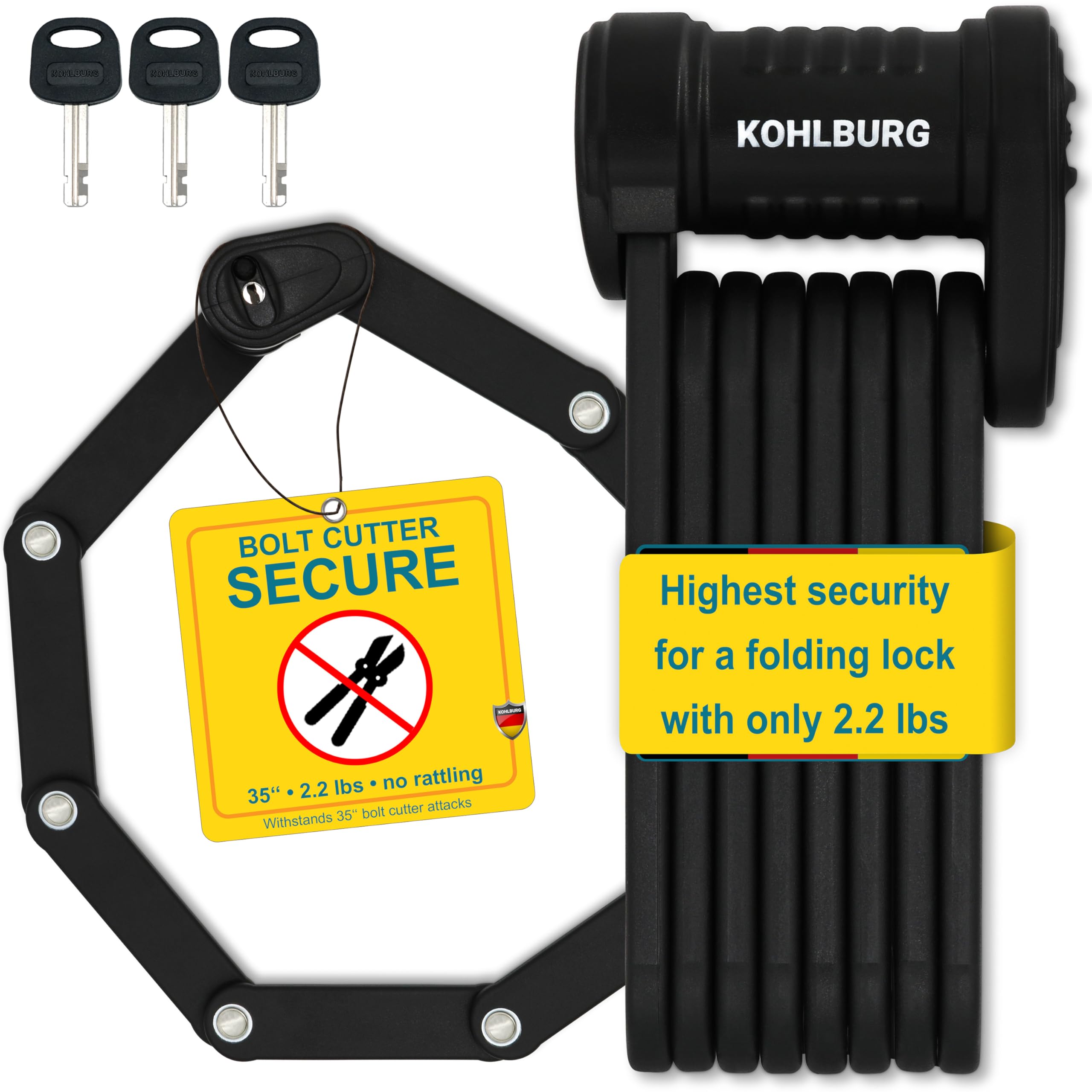 Kohlburg Security Folding Lock - 35 Foldable Bicycle Lock - High German Security Standard - Very Secure Folding Bike Lock - Spec