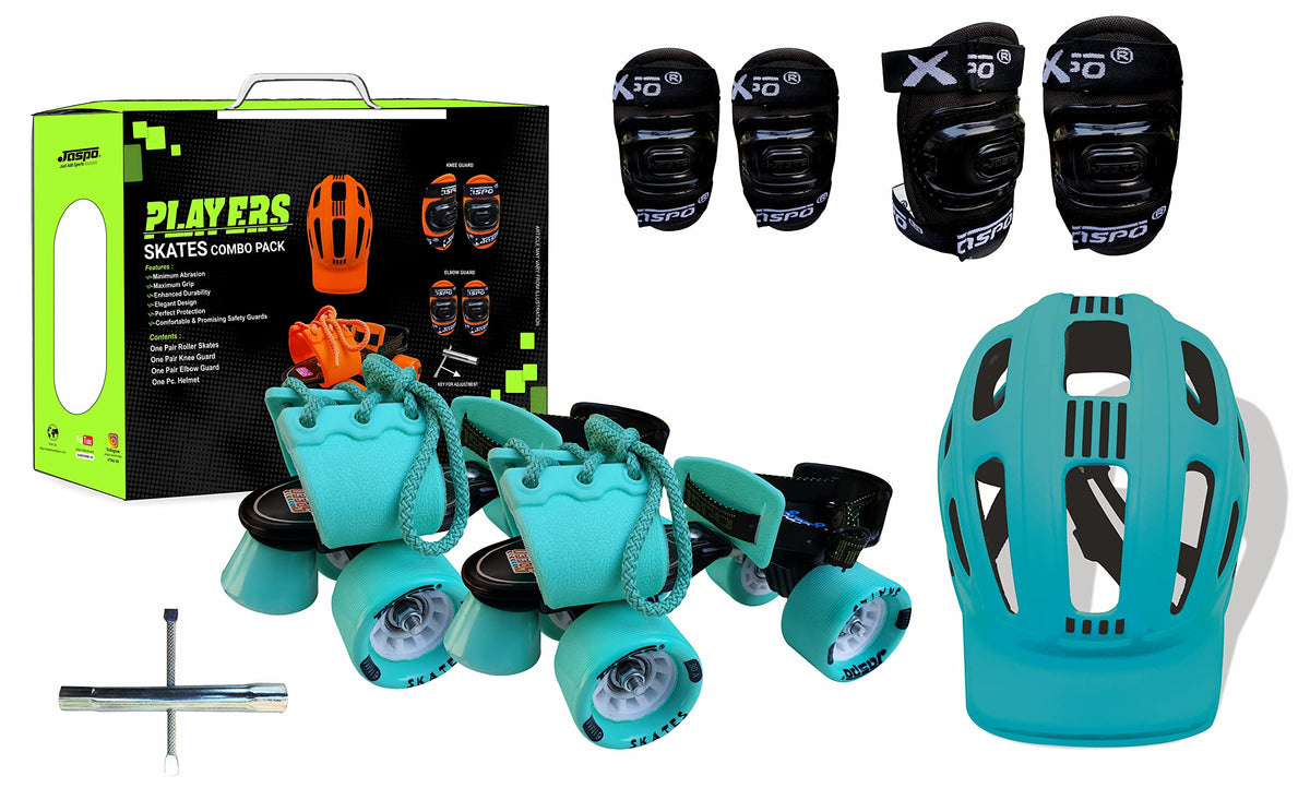 jaspo UnisexYouth Cruiser Senior Players Quad Adjustable Roller Skates Combo (Suitable For 6 To 14 Years) (Cyan), outdoor_wheel
