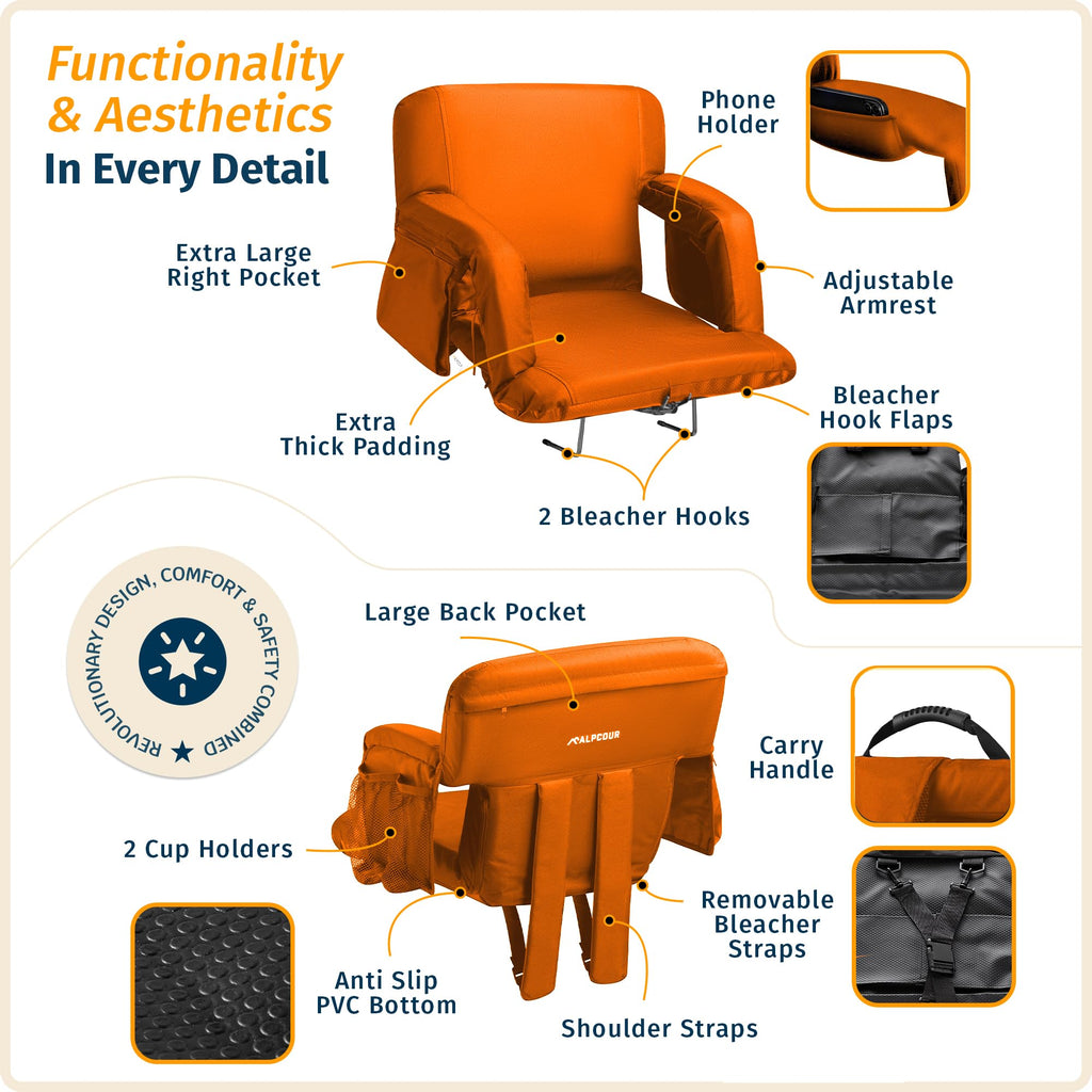 Reclining Stadium Seats For Bleachers With Back Support - Wide Bleacher Chair Cushion, Armrests, Large Pockets, And Multiple Saf