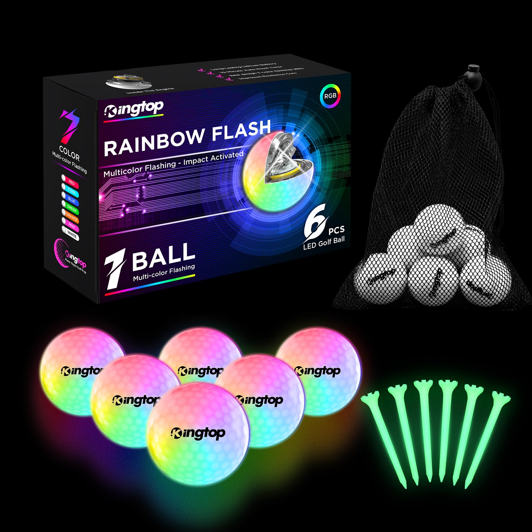 Kingtop Rainbowflash Glow In The Dark Golf Balls - Multicolor Flashing Led Golf Ball Light Up Backyard Putting Green, 10-Minute