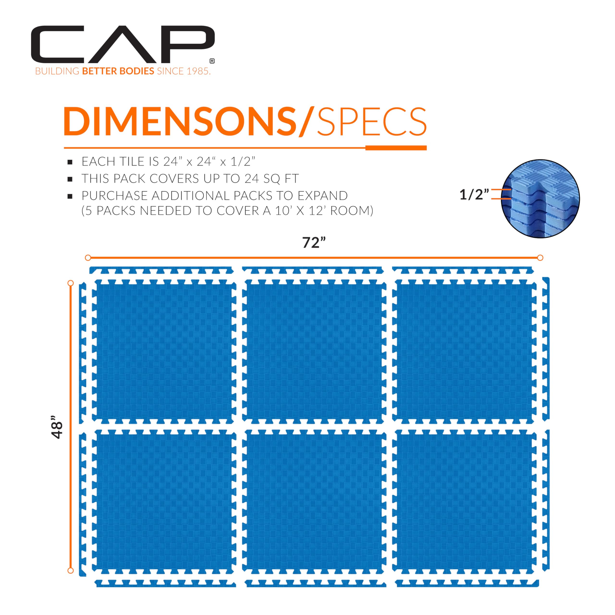 Cap Barbell 1/2-Inch Interlocking Eva Foam Exercise Puzzle Mats - 1 Pack | 24'' X 24'' X 1/2'' | Tatami Pattern - Blue