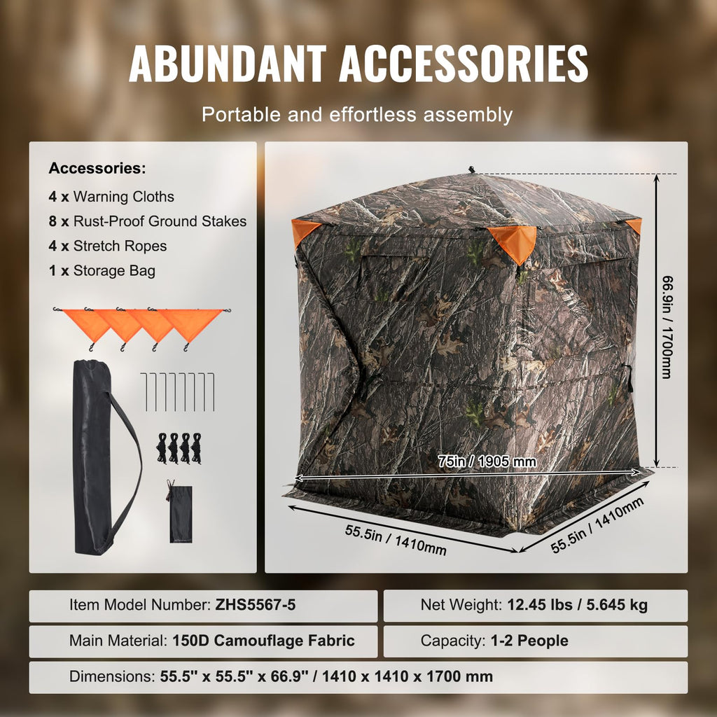 Vevor Hunting Blind, 270 See Through Ground Blind, 1-2 Person Pop Up Deer Blind For Hunting With Carrying Bag, Portable Resilien