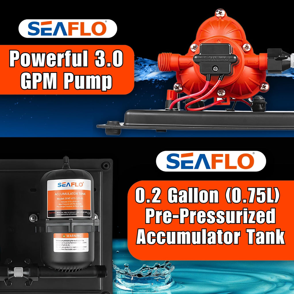 Seaflo 33-Series Water Pump And Accumulator Tank System - 12V Dc, 3.0 Gpm, 45 Psi, 0.2 Gallon Tank - Reduces Cycling For Marine,