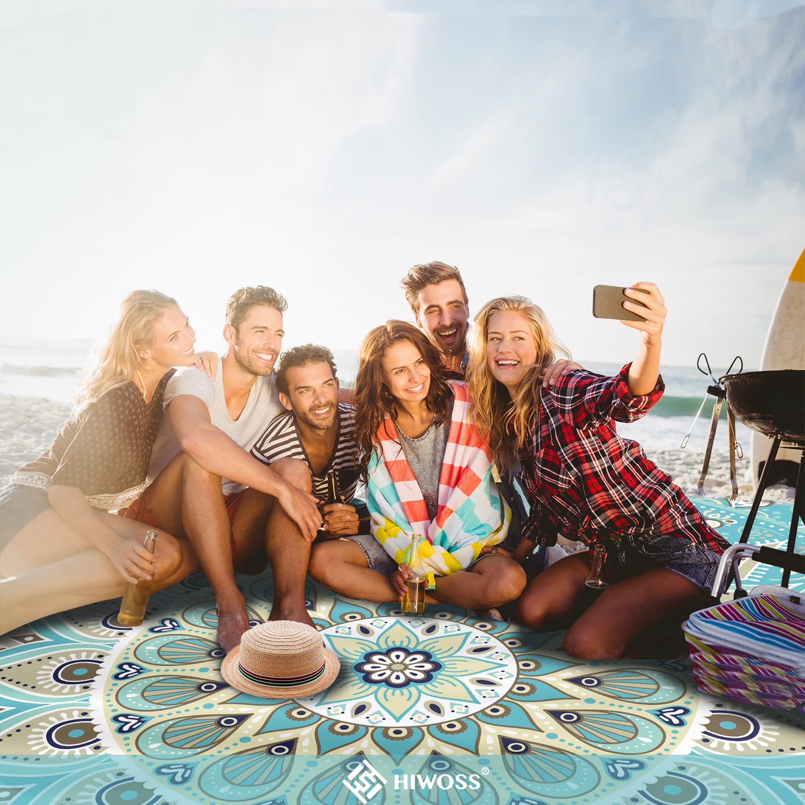 Hiwoss Beach Blanket Waterproof Sandproof Oversized 95X 80,Sand Free Beach Mat With Corner Pockets,Portable Mesh Bag For Beach F