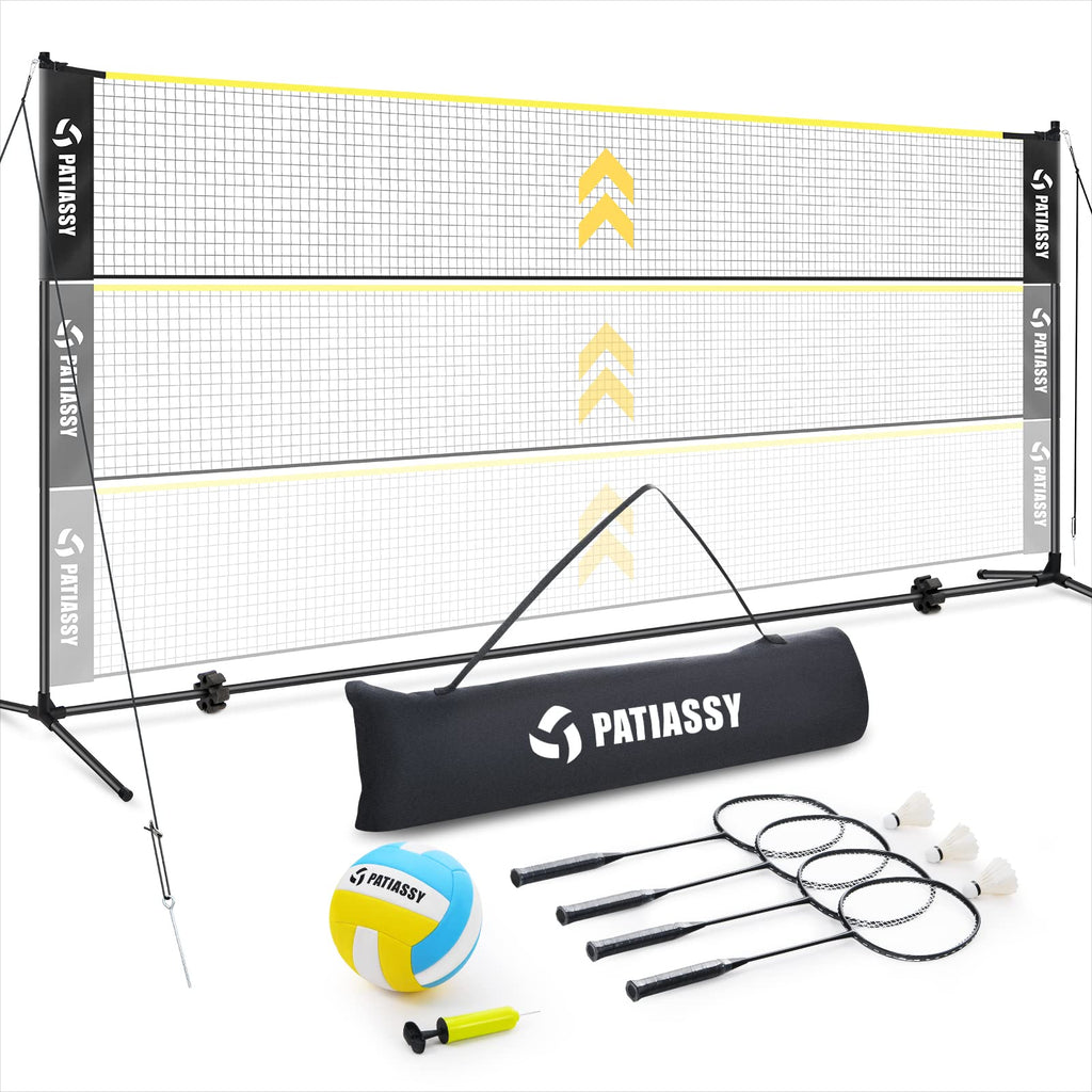 Patiassy 5.1Ft-7.4Ft Adjustable Height Volleyball Badminton Net Set 17Ft Portable Sports Net With Poles, 4 Badminton Rackets, 3 