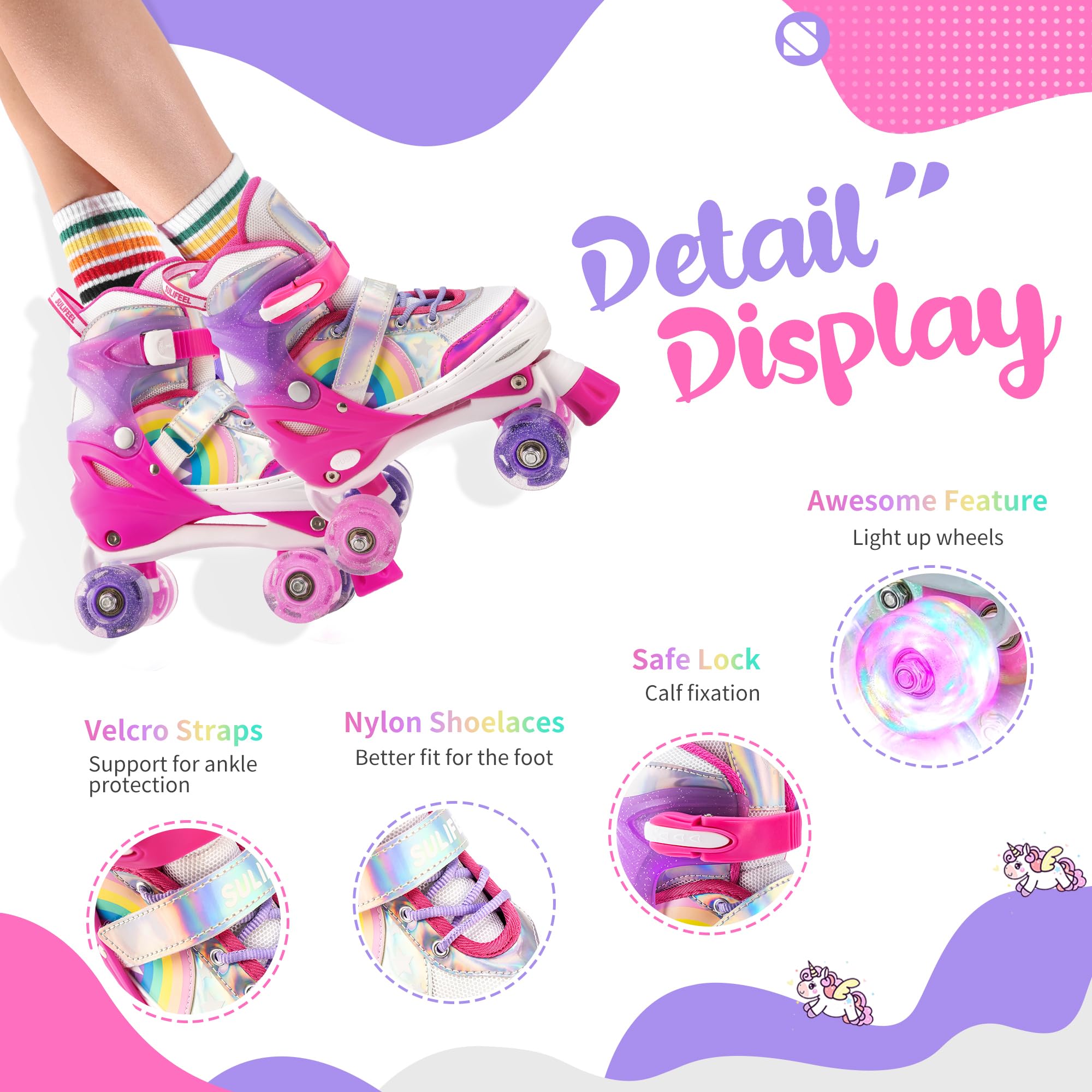 Sulifeel Rainbow Unicorn 4 Size Adjustable Light Up Roller Skates For Girls Boys For Kids Beginners Rollerskates Pink Large