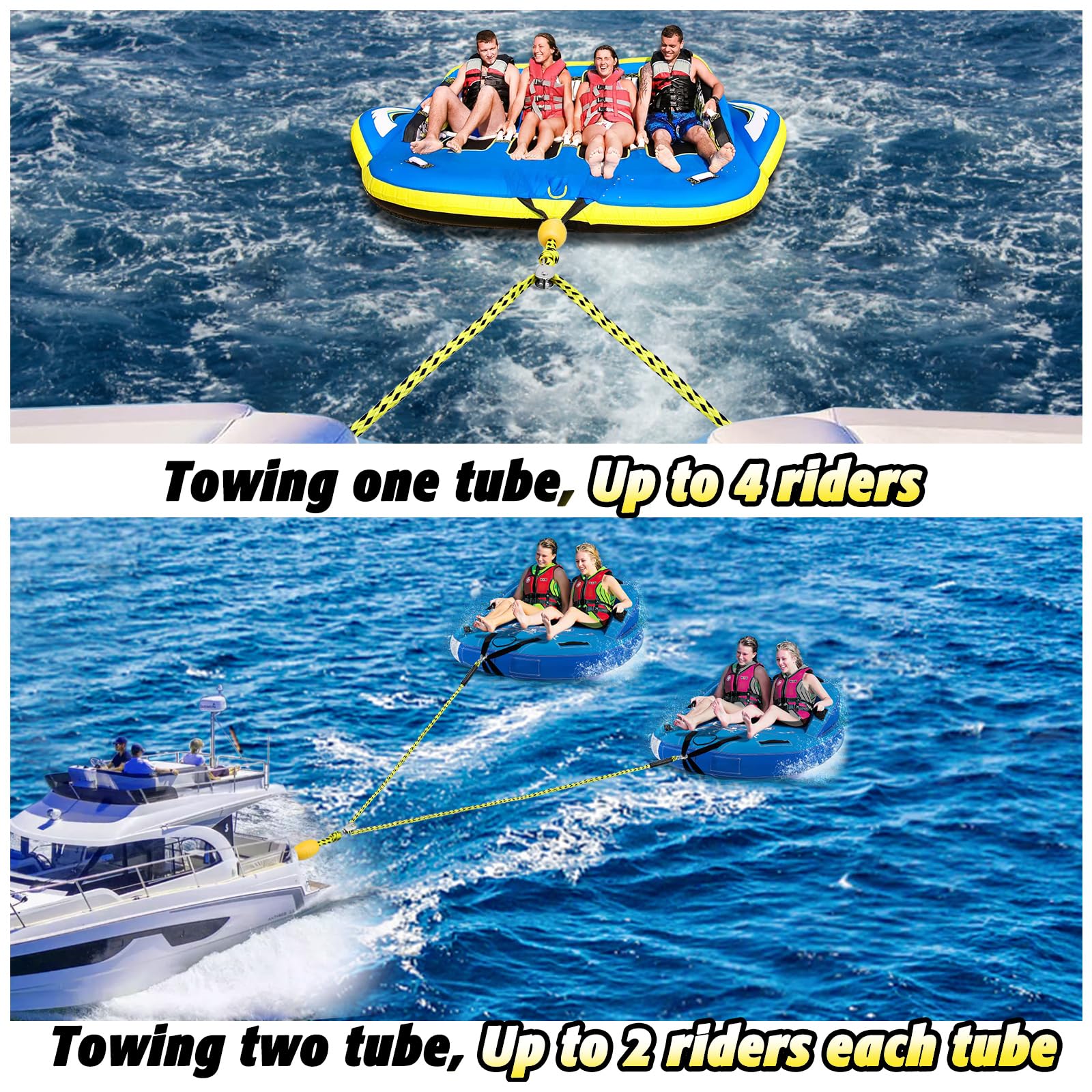Boat Tow Harness For Tubing, Heavy-Duty 13Ft Self Centering Tow Rope Up To 4 Riders With Float Ball, Stainless Steel Hooks And P
