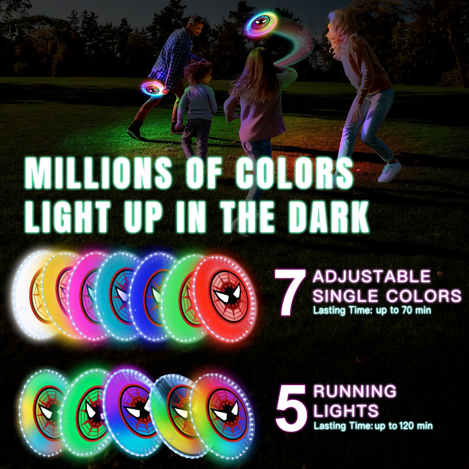 Led Flying Disc With Millions Of Colors, Rechargeable, Water-Resistant, 42 Leds, 175G Light Up Disc, 12 Modes, Spider Outdoor To