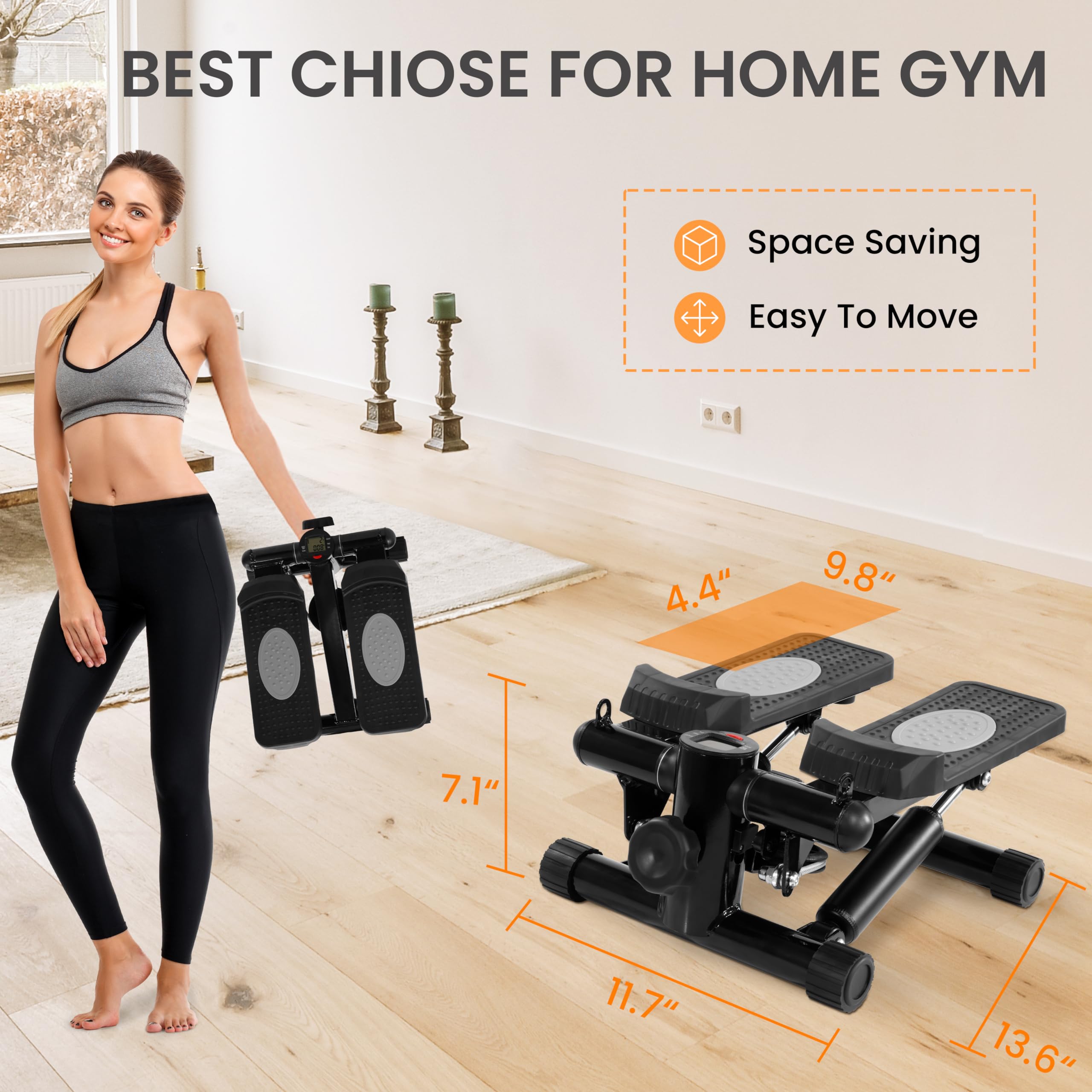 Fitvids Pre-Assembled Adjustable Mini Stepper Stair Stepper Stepping Machine With Resistance Bands, Midnight Black