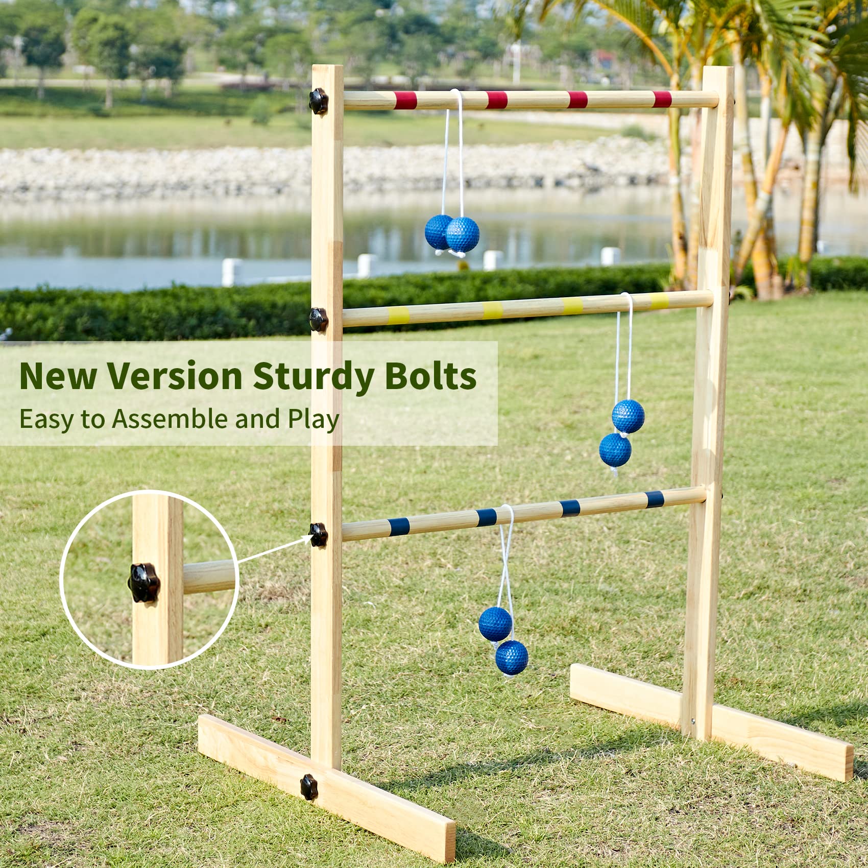 Apudarmis Ladder Toss Game Set, 35X26In Pine Wooden Golf Ladder Lawn Game With 6 Bolos Balls And Carrying Case - Outdoor Backyar