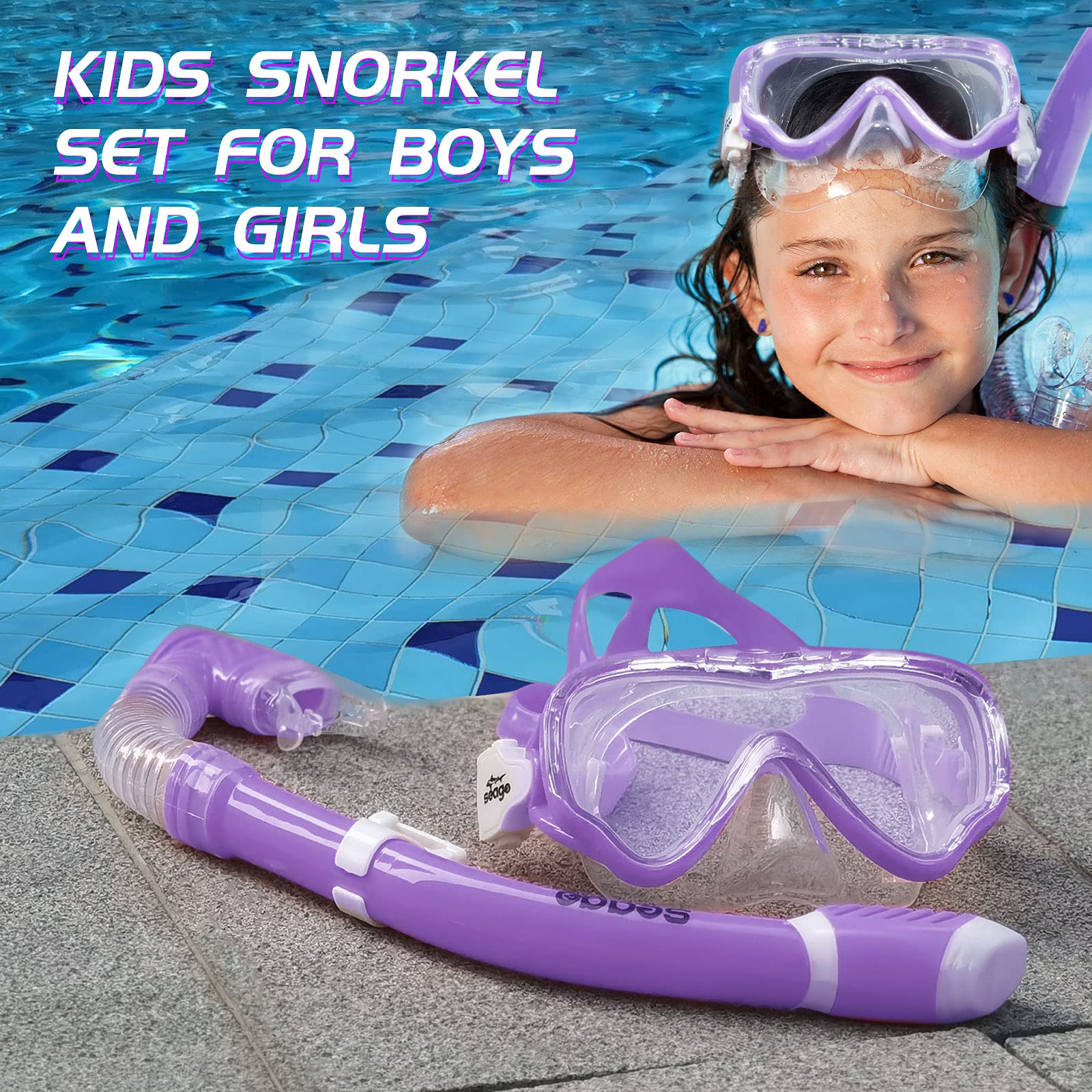 Seago Kids Snorkel Set Dry Top Snorkel Mask Snorkeling Gear For Kids Boys Girls Youth, No Leak Comfy Mouthpiece Anti-Fog 180? Pa