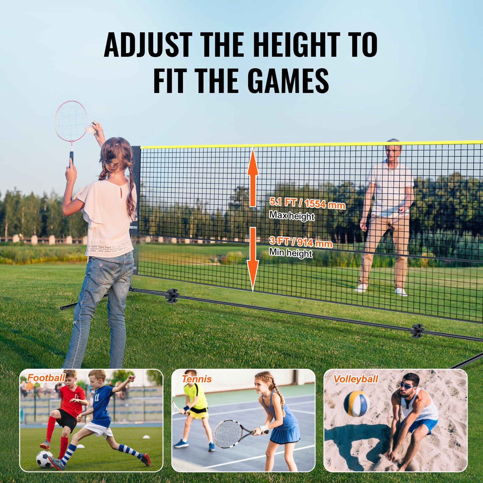 Vevor Badminton Net, Height Adjustable Volleyball Net, 17Ft Wide Foldable Pickleball Net, Portable Easy Setup Tennis Net Set Wit