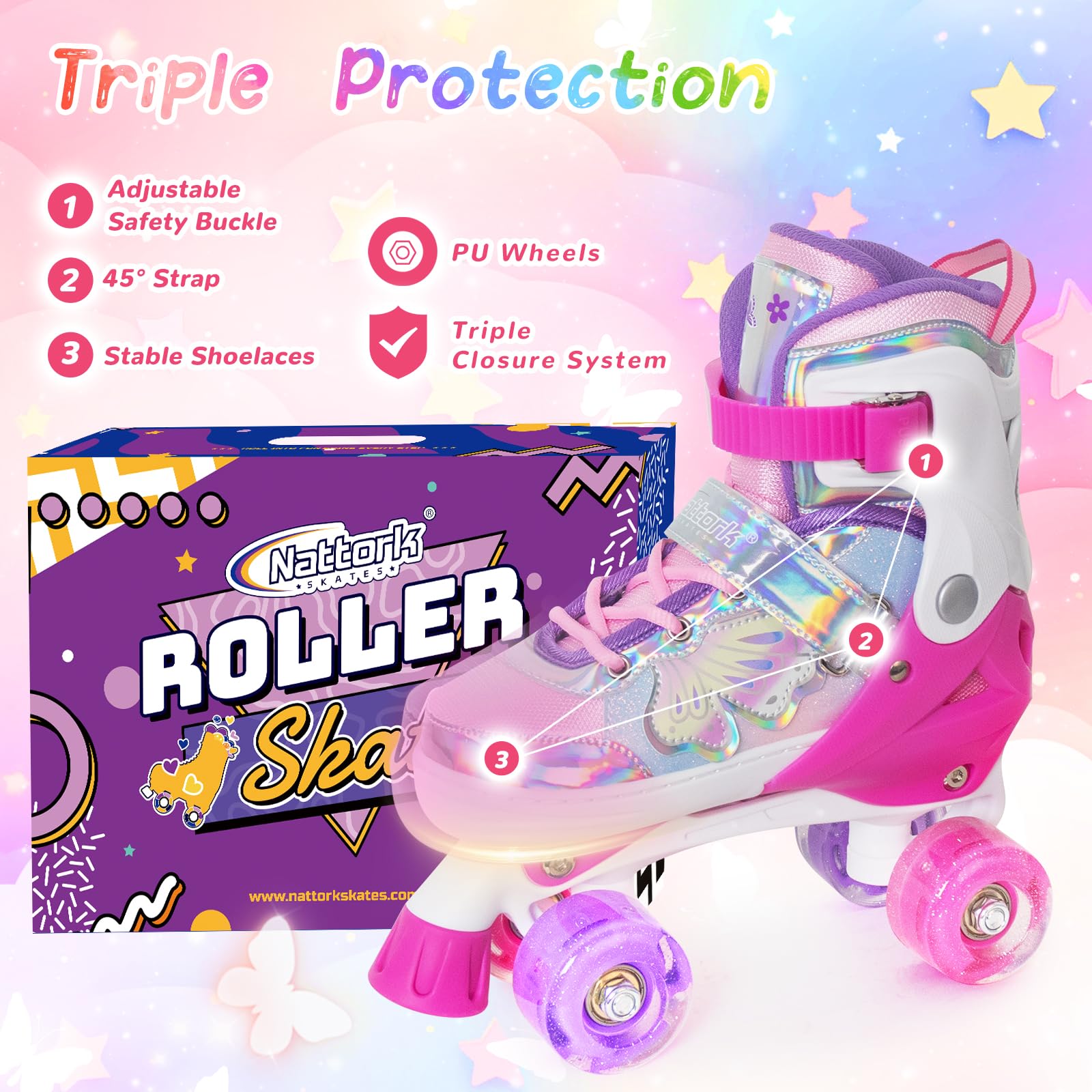 Kids Roller Skates For Girls Boys -Rose Red For Big Kids Age 7 8 9 10 - Adjustable All Light Up Wheels Butterfly And Flower Indo