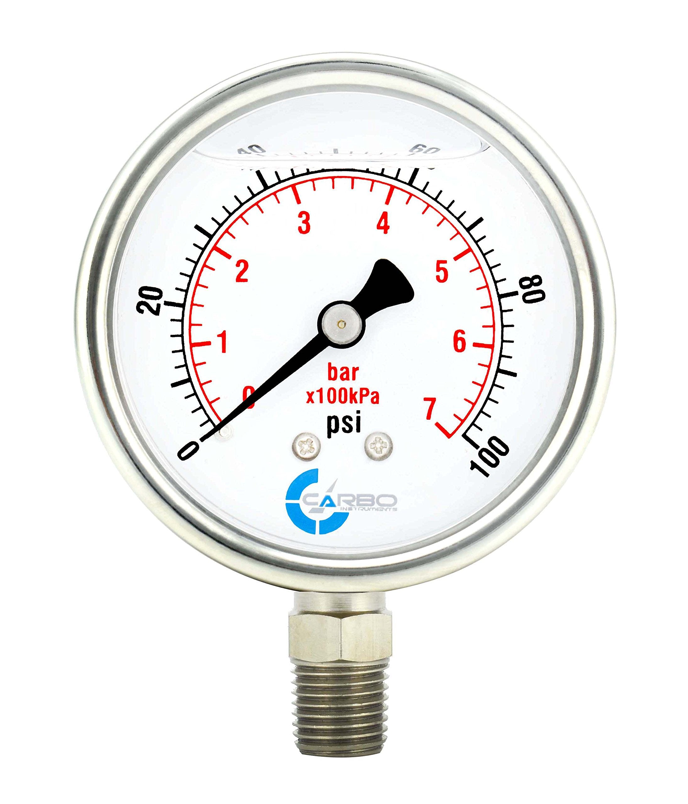 Carbo Instruments Stainless Steel Pressure Gauge Dual Display (0-100 Psikpa) - 2 1-2 Glycerine Liquid Filled Water Air Oil Gas G