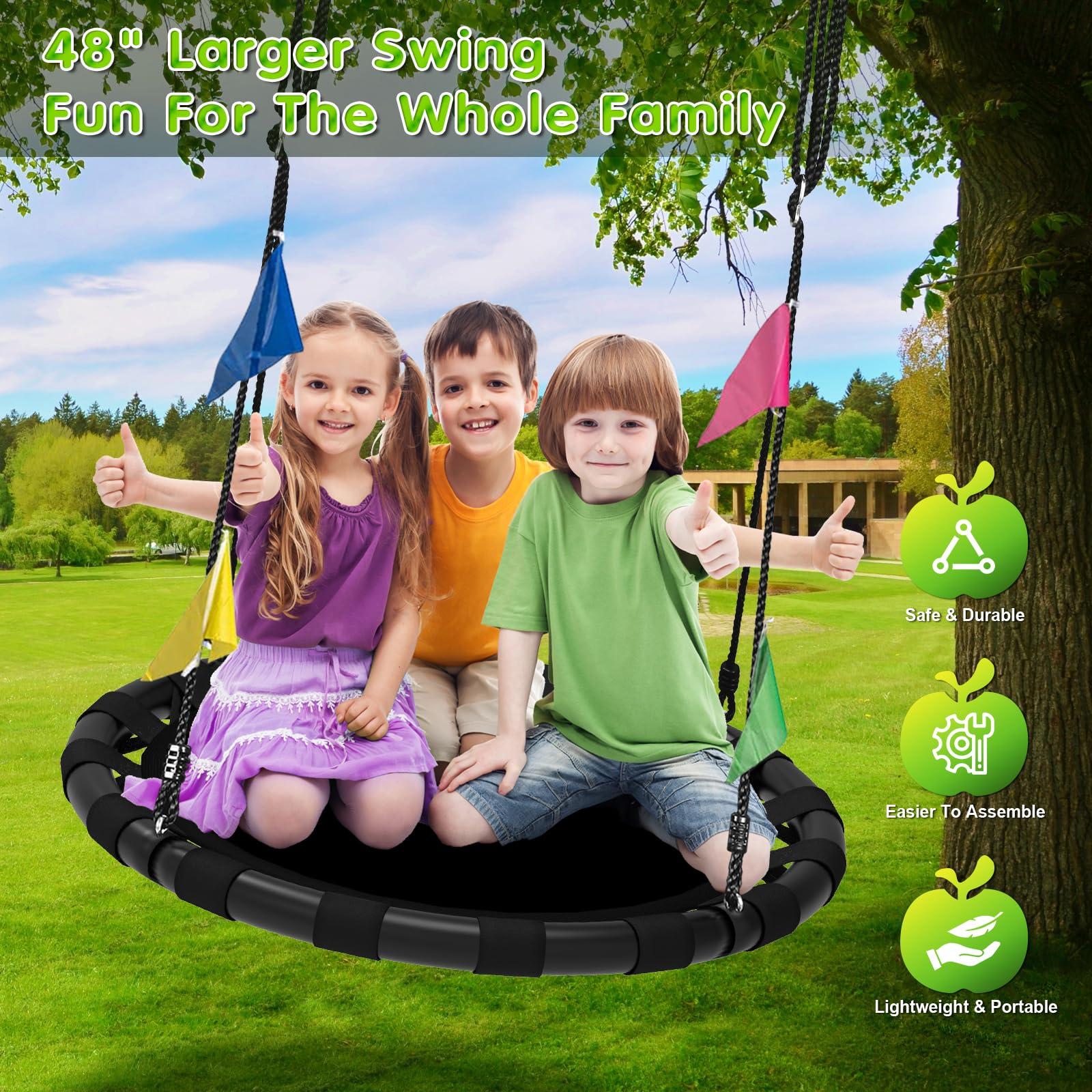 HeyZoo 48 Inch Saucer Swing, 900lbs Weight Capacity Tree Swing Sets for Backyard 2 Added Hanging Straps Adjustable Multi-Strand
