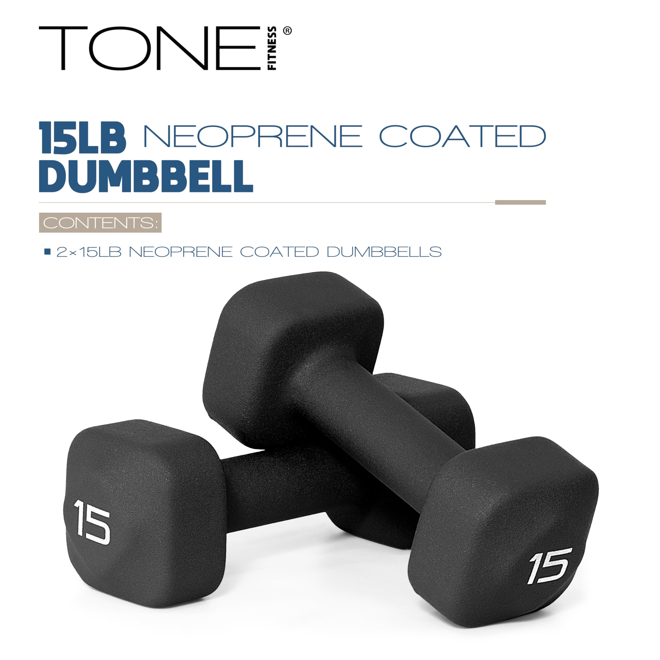 Tone Fitness 15 lb Neoprene Dumbbell Pair for Home Workouts - Non-Slip Design - Black