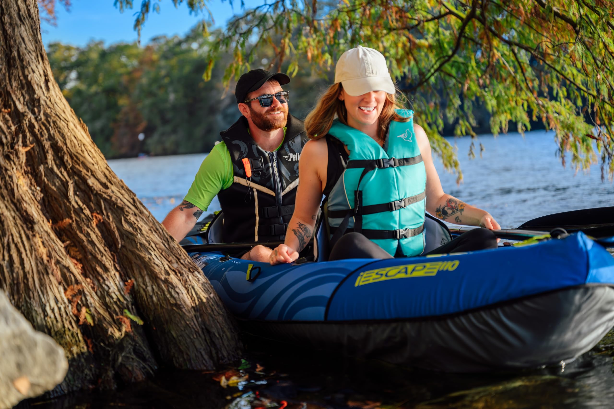 Pelican iESCAPE 110 Inflatable Convertible Kayak - Recreational Single or Tandem Kayak - Compact, Stable and Fun All in One - Tr