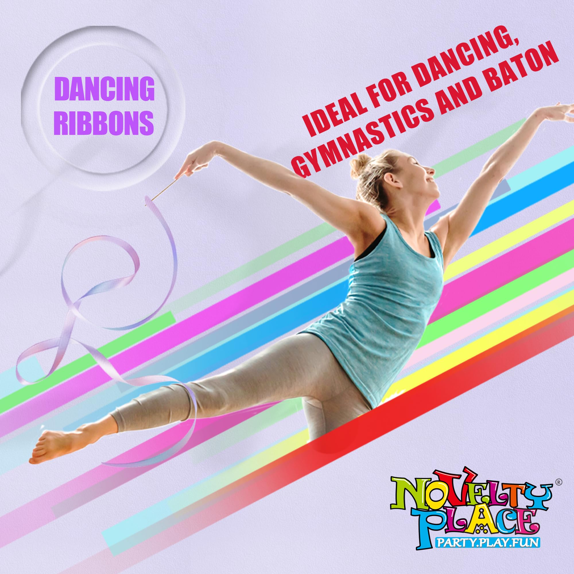 Novelty Place 2 Pcs Sparkling Dance Ribbons Streamers, 6.6Ft Shiny Colors Kids Gymnastics Ribbon Wands - Perfect Rhythm Sticks F