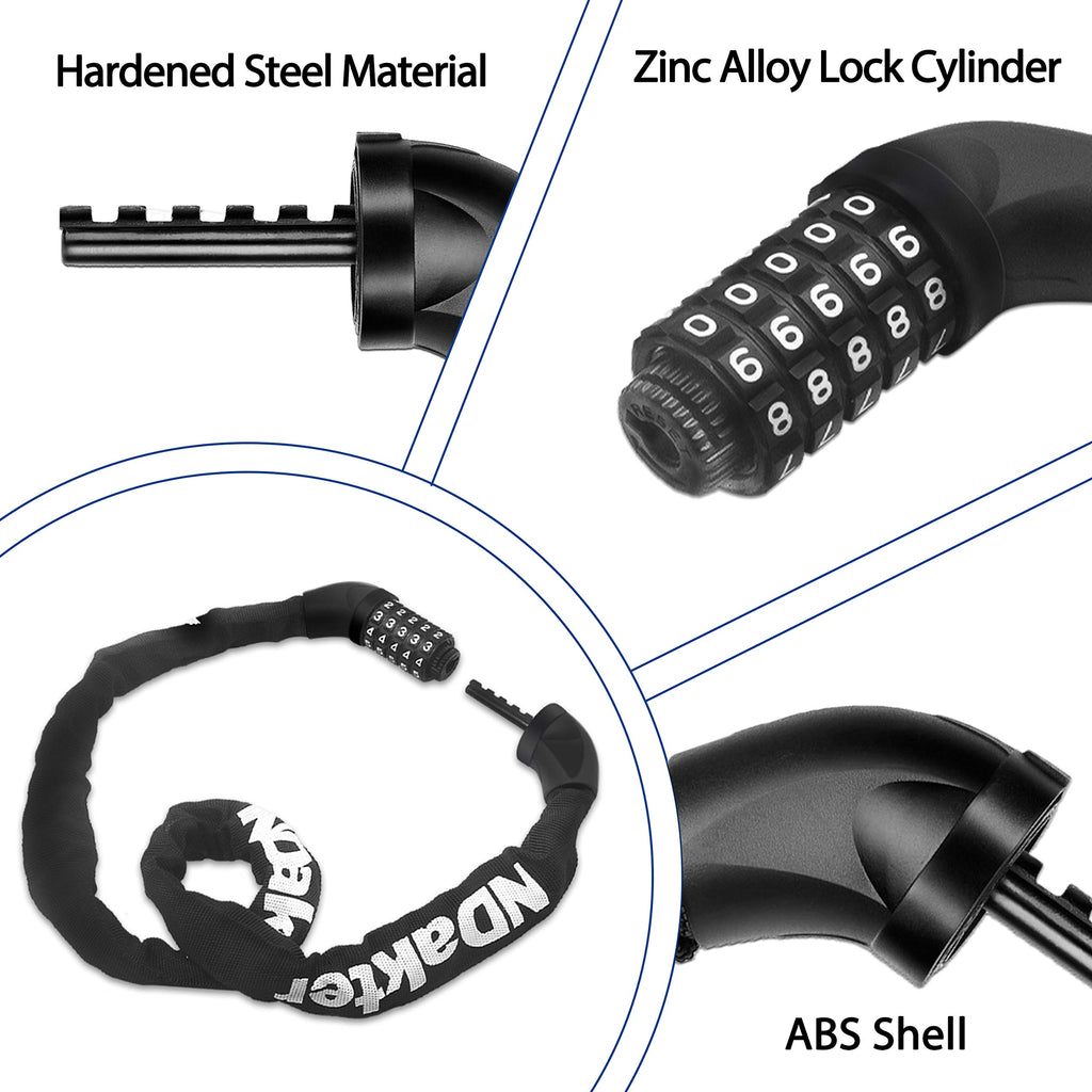 Ndakter Bike Chain Lock, 5 Digit Combination Heavy Duty Anti Theft Bicycle Chain Lock, Security Resettable Bike Locks For Bike,