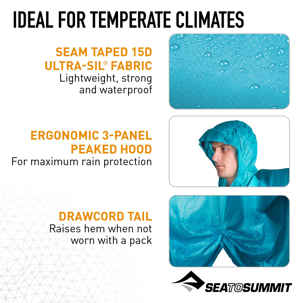 Sea To Summit Ultra-Sil Nano Tarp Poncho 4-In-1 Raincoat, Pack Cover, Groundsheet, And Shelter, Pacific Blue