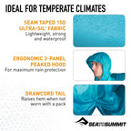 Sea To Summit Ultra-Sil Nano Tarp Poncho 4-In-1 Raincoat, Pack Cover, Groundsheet, And Shelter, Pacific Blue