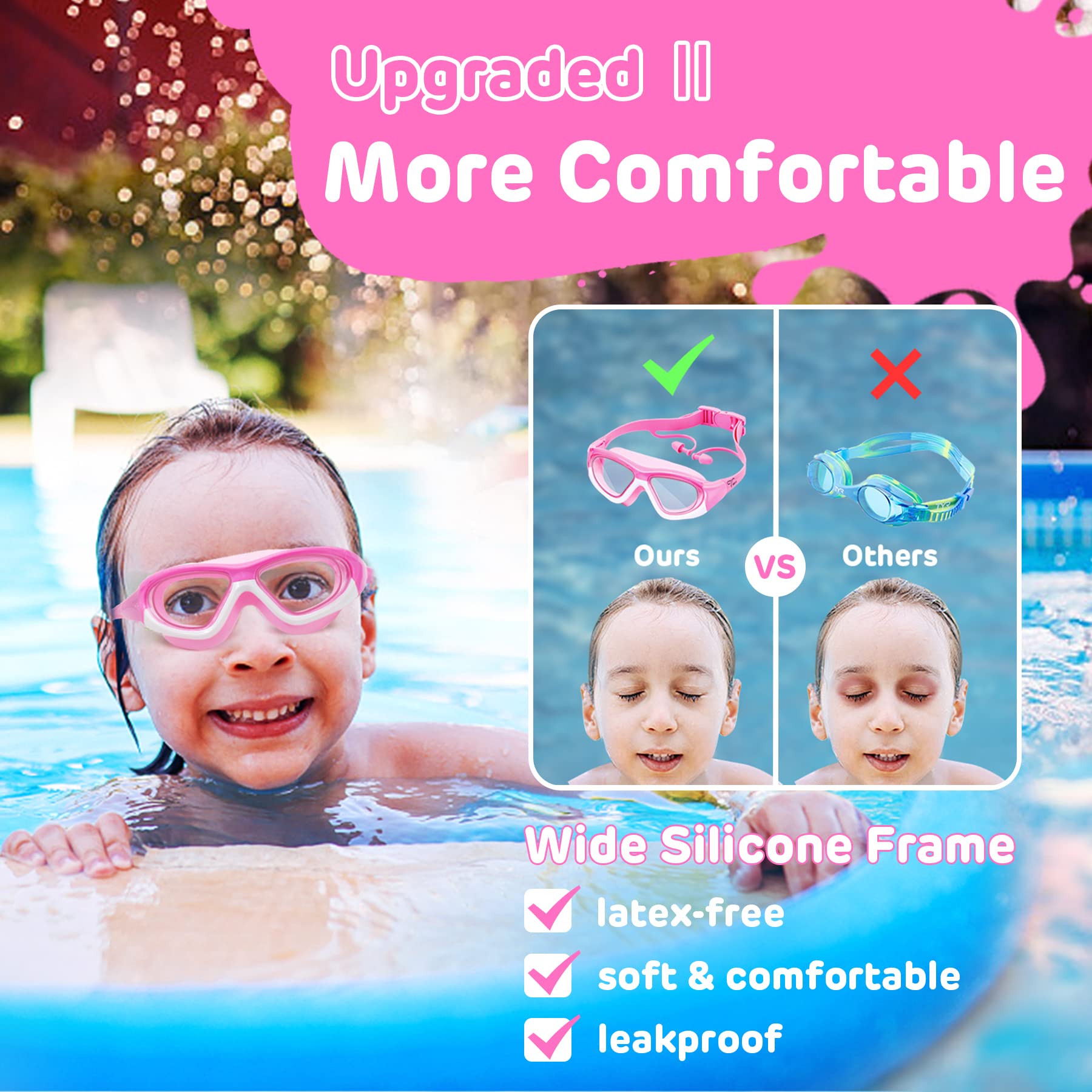 Vvinca Kids Swim Goggles, 2 Pack Swimming Goggles Wide View Anti-Fog Anti-Uv Pool Goggles, No Leak Quick Adjustable Strap Swimmi