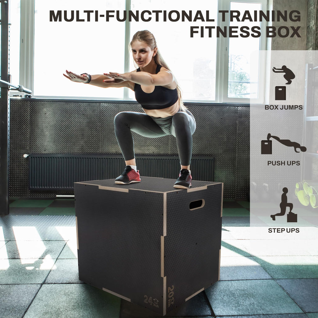 Fitvids 3 In 1 Non-Slip Wooden Plyo Box Plyometric Box Jumping Exercise, 20X24X30 Inches, Gray