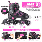 Kaqinu Adjustable Inline Skates, Outdoor Inline Skates With Full Illuminating Wheels For Women, Kids, Girls And Boys (Pink, S)