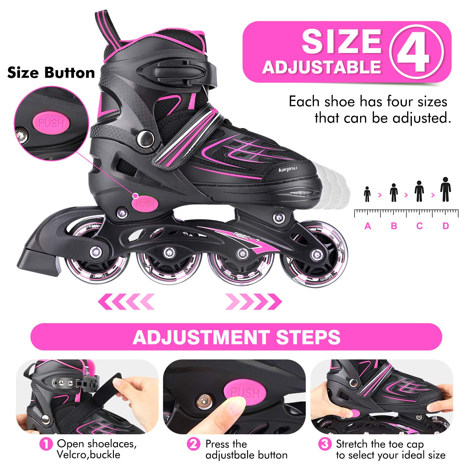 Kaqinu Adjustable Inline Skates, Outdoor Inline Skates With Full Illuminating Wheels For Women, Kids, Girls And Boys (Pink, S)