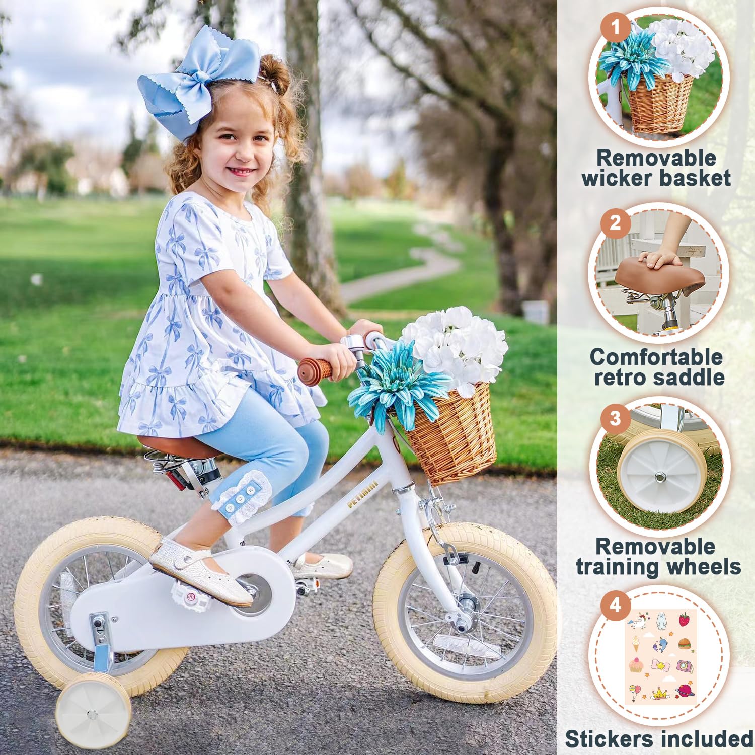 Petimini 16 Inch Little Kids Bike for Age 4 5 6 7 Years Old Girls Retro Vintage Style Bicycles with Basket Training Wheels and B