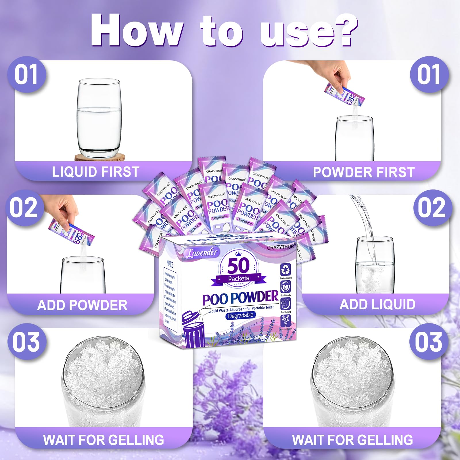CRAZYTHUR 50PCS Poo Gel and Portable Toilet Gel with Lavender Scent, Camping Toilet Gels, Porta Potty Chemicals, Portable Toilet