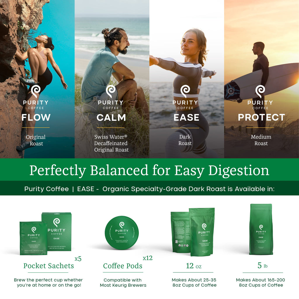 Purity Coffee Ease Dark Roast Low Acid Organic Coffee - Usda Certified Organic Specialty Grade Arabica Single-Serve Coffee Pods
