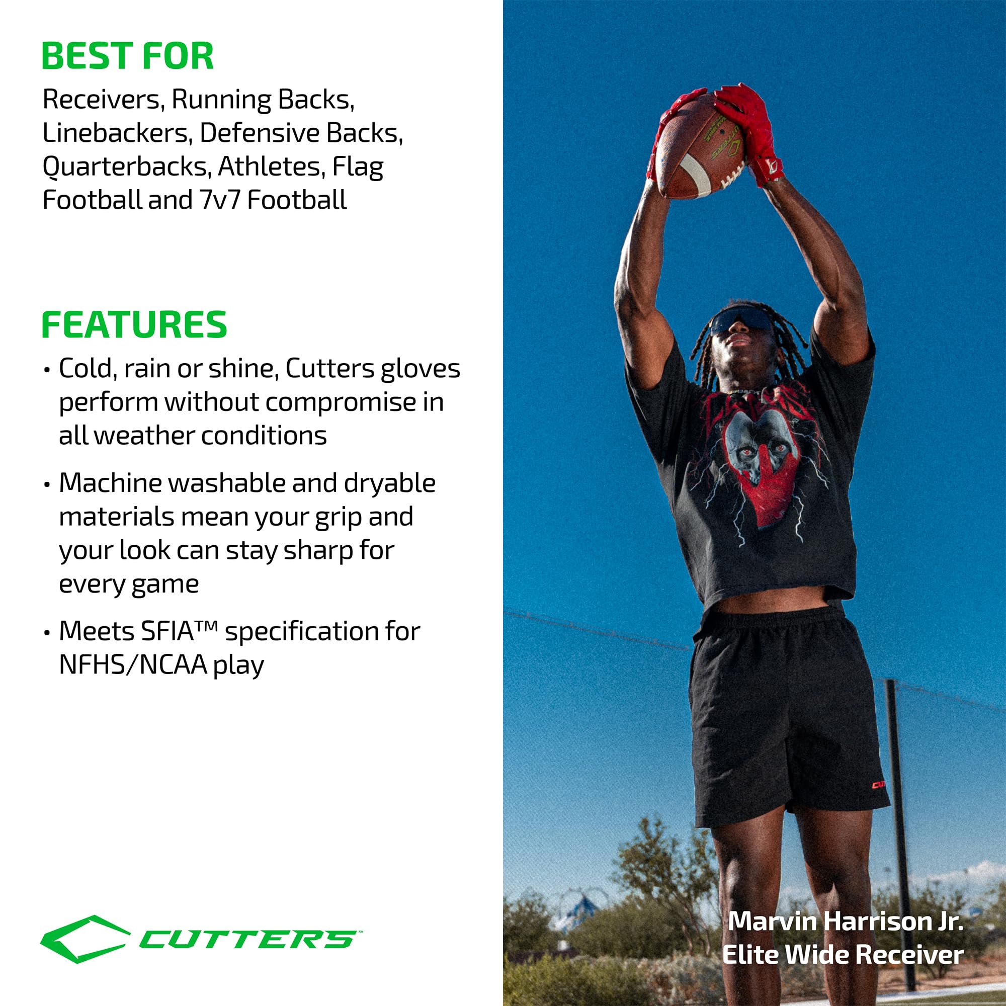 Cutters Football Gloves - Game Day Football Receiver Gloves with High Tack Silicone Grip, Superior Support and Protection - Mult