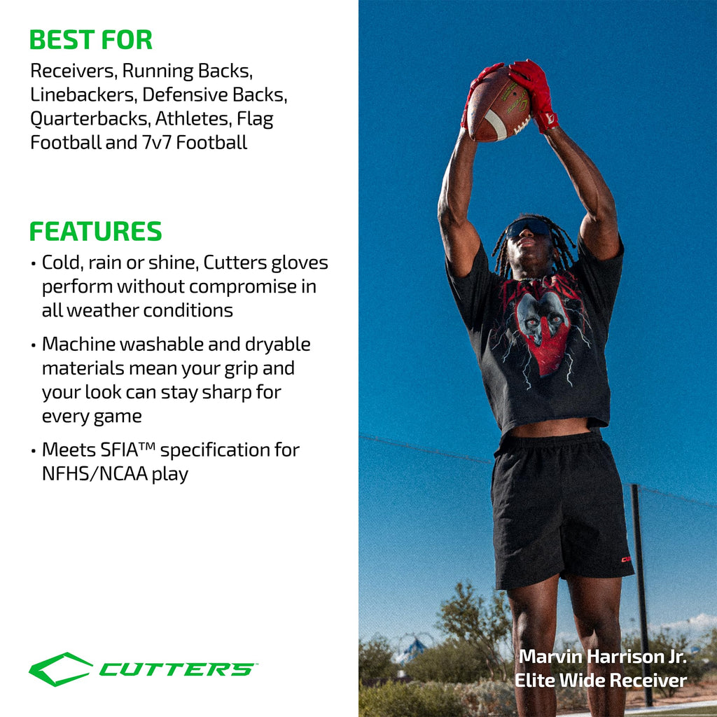 Cutters Football Gloves - Game Day Football Receiver Gloves with High Tack Silicone Grip, Superior Support and Protection - Whit