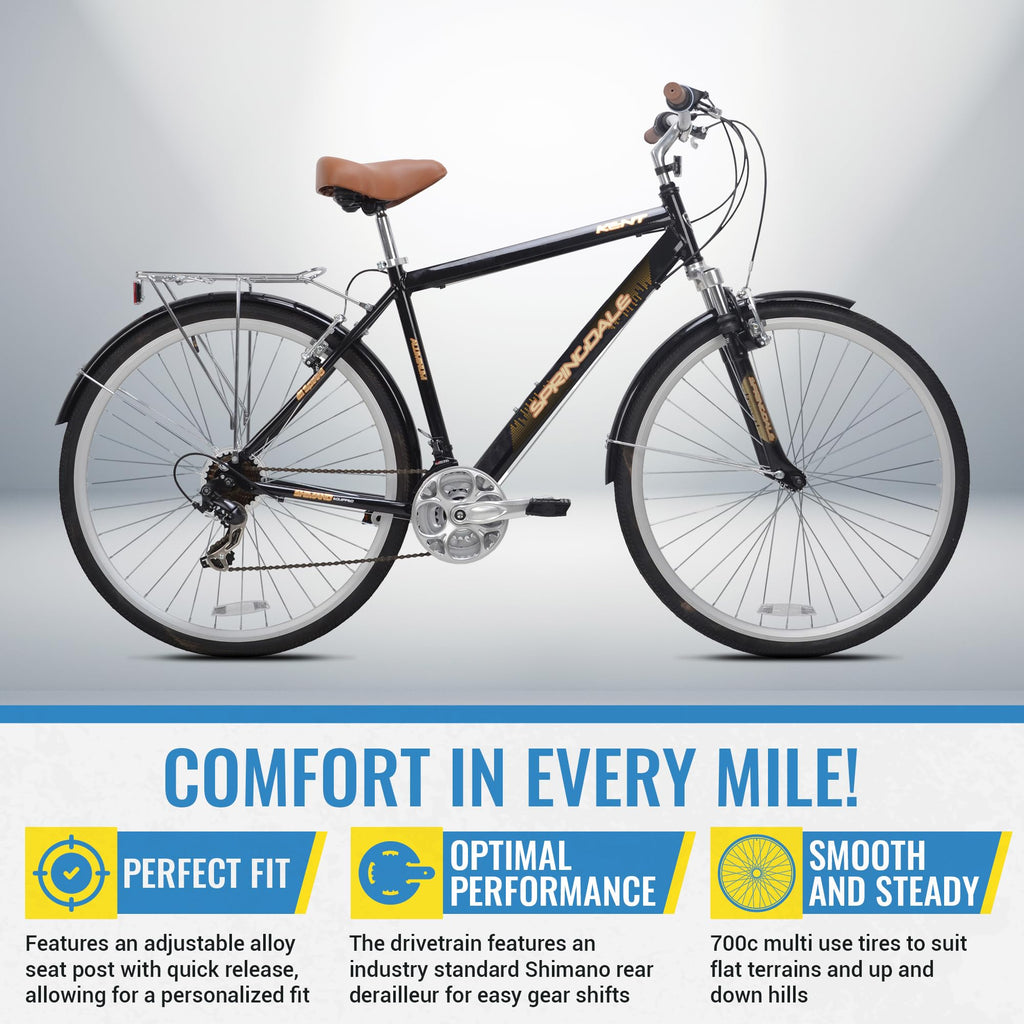 Kent International Springdale Hybrid Bicycle, Black - 700C Hybrid Bike With 21-Speed Rear Shimano Derailleur Drivetrain - Lightw
