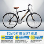 Kent International Springdale Hybrid Bicycle, Black - 700C Hybrid Bike With 21-Speed Rear Shimano Derailleur Drivetrain - Lightw