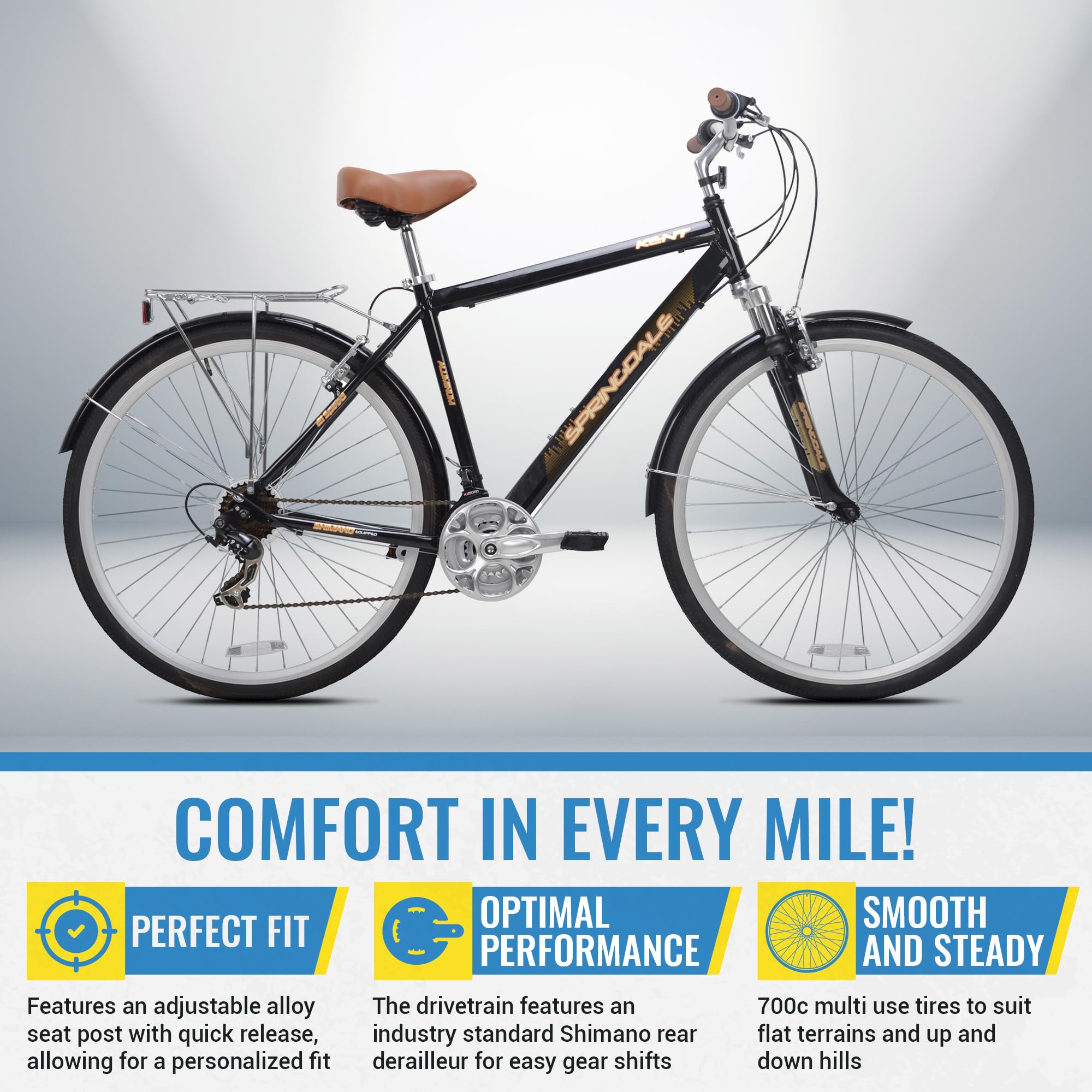 Kent International Springdale Hybrid Bicycle, Black - 700C Hybrid Bike With 21-Speed Rear Shimano Derailleur Drivetrain - Lightw